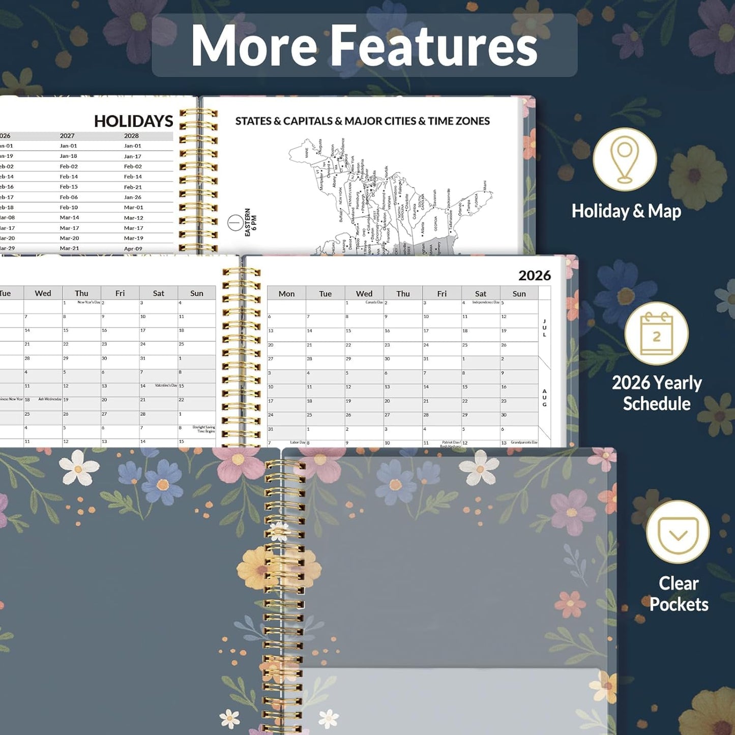 SUNEE 2026 Appointment Book, Quarter-Hourly, Weekly & Monthly - from January 2026 - December 2026, 8.5"x11" Weekly Planner, Flexible Cover, Note Pages, Pockets, Bookmark, Spiral Binding, Navy Flower