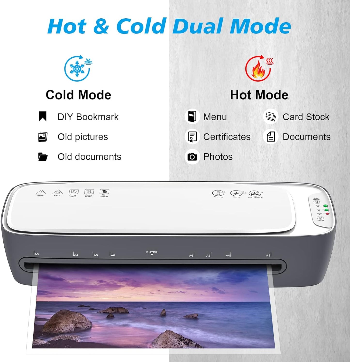 Laminator Machine 13-Inch Thermal Lamination with Laminating Sheets 9 in1 Office Desktop Laminate Machine, Portable A3 Laminater for Teachers Personal 60S Warm-Up Never Jam
