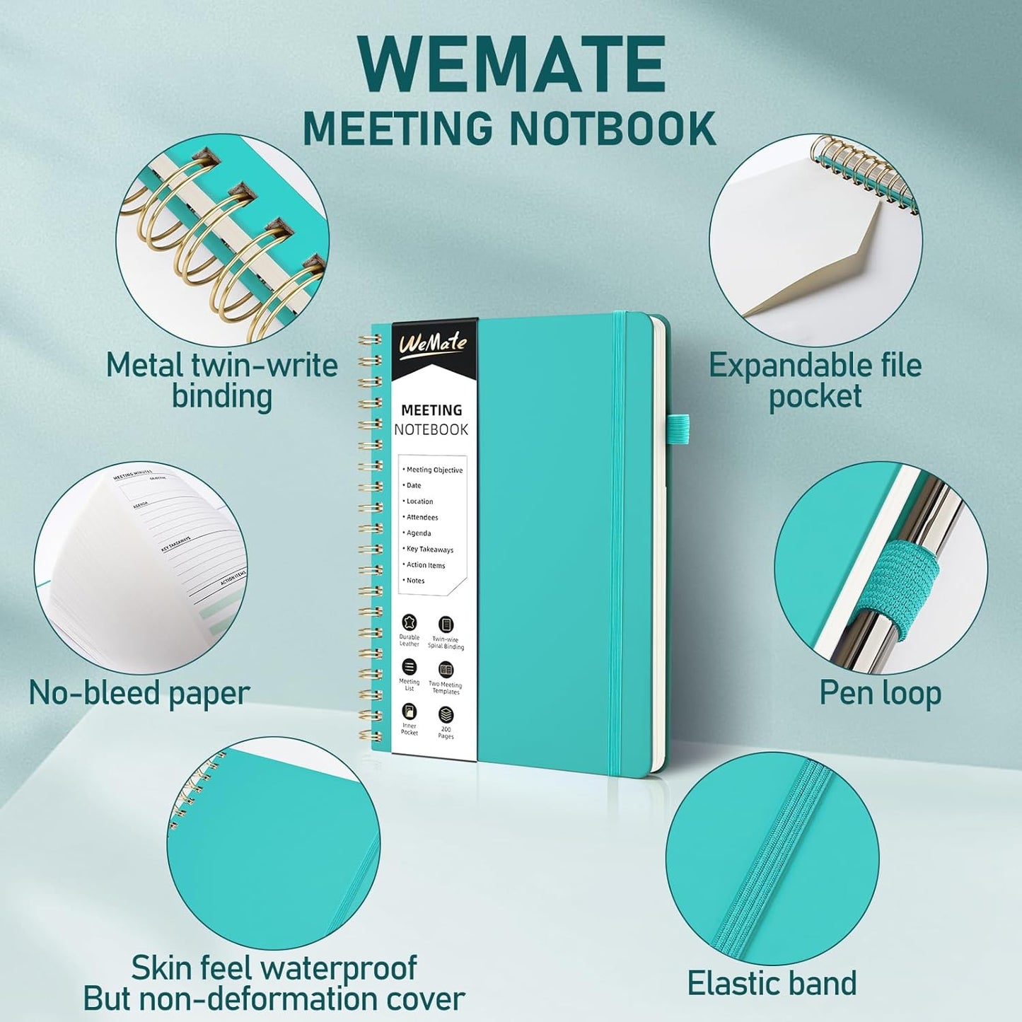 WEMATE Meeting Notebook for Work B5 (7"x10") - PU Leather Work Notebook with Agenda, Action Items & Notes - 200 Pages for Men&Women, Staff and Students, Meeting, Projects Planning - Green