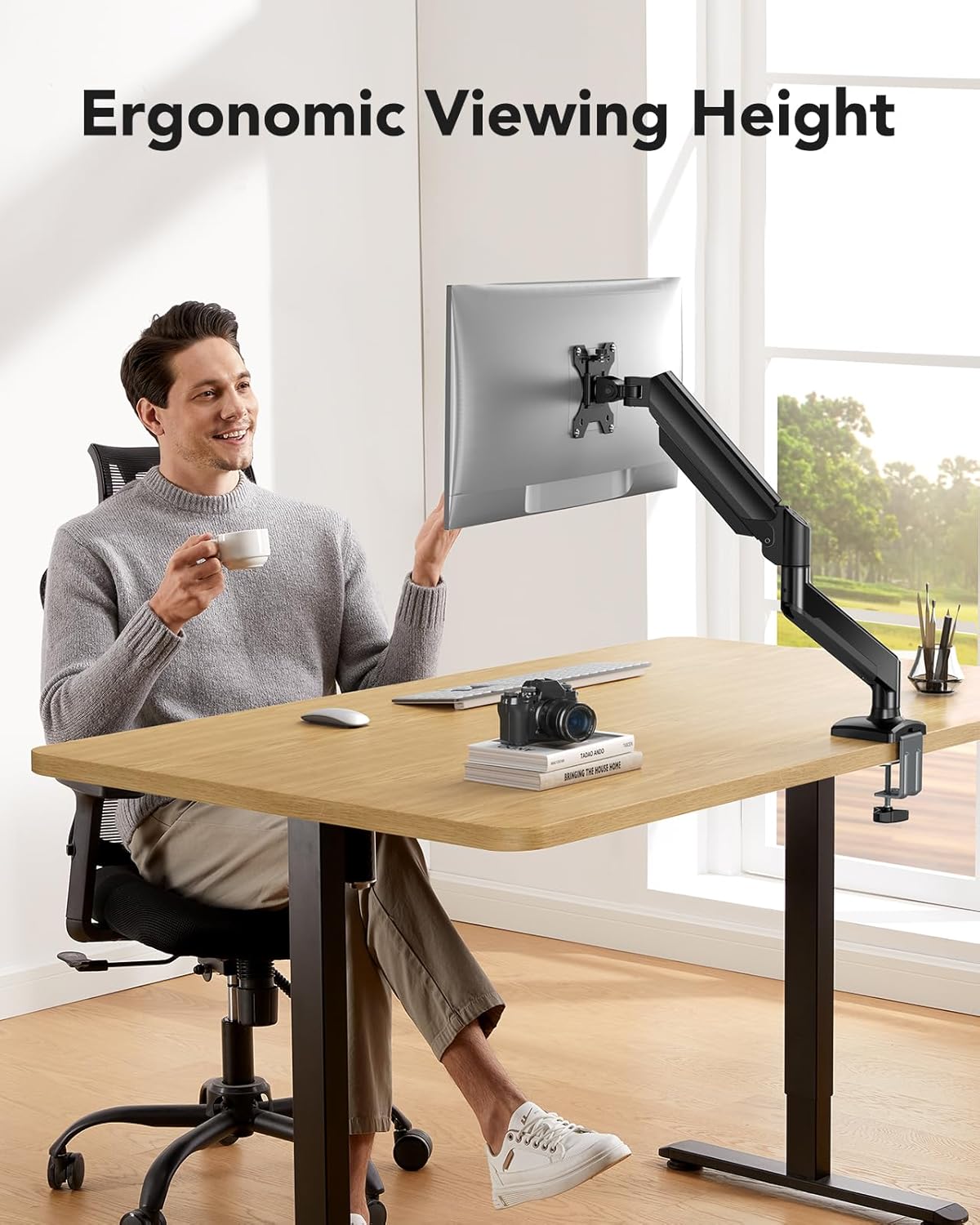HUANUO Single Monitor Arm 13-34 Inch, Adjustable Gas Spring Arm, Monitor Desk Mount for 4.4-22lbs, VESA 75/100mm with C-Clamp/Grommet Base, Ergonomic Stand for Work/Gaming