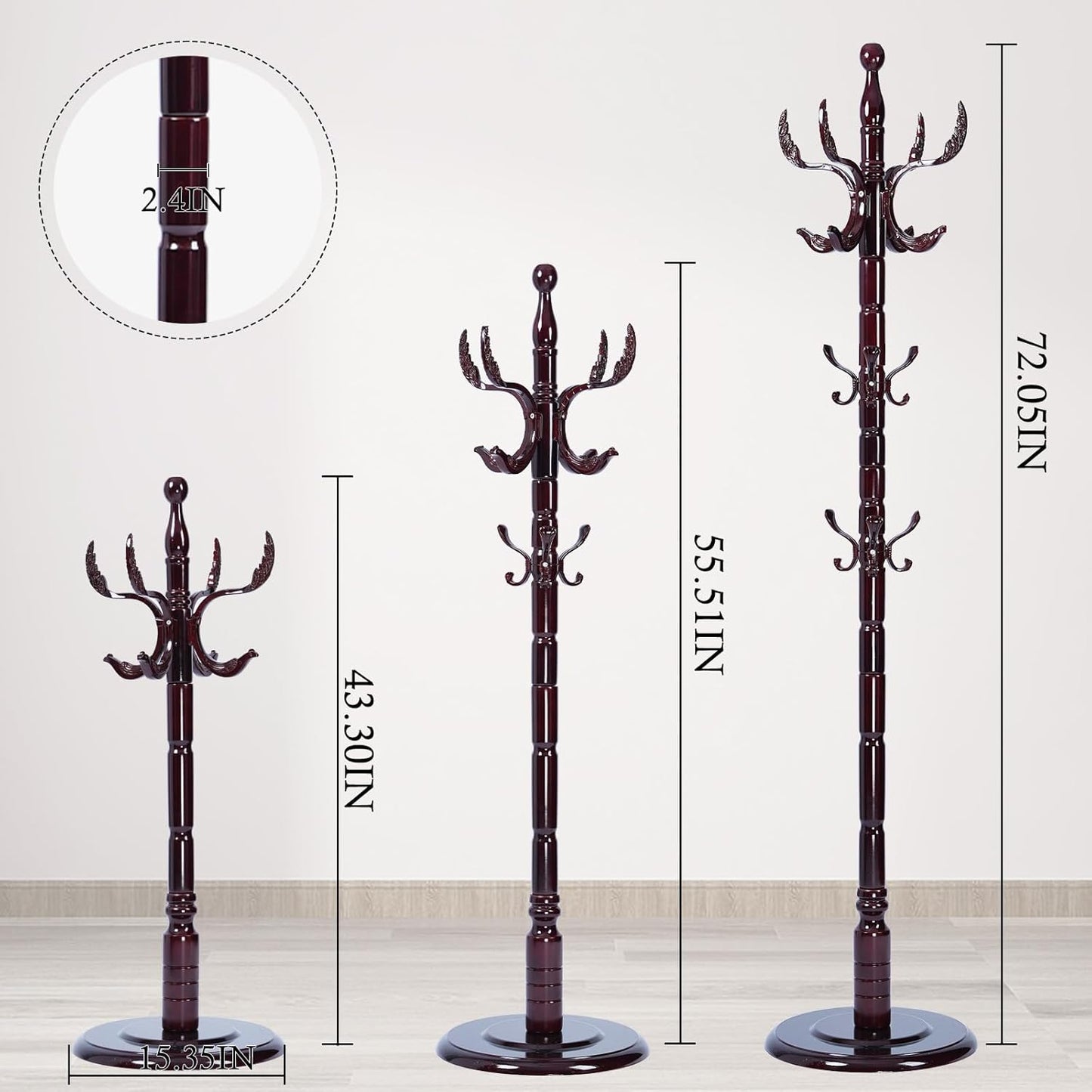 Coat Rack Stand, Solid Wooden Coat Tree with 14 Hooks, Heavy Duty Coat Rack Freestanding with Sturdy Round Base, Natural Birch Wood Coat Hanger Stand for Entryway Bedroom (Swing)