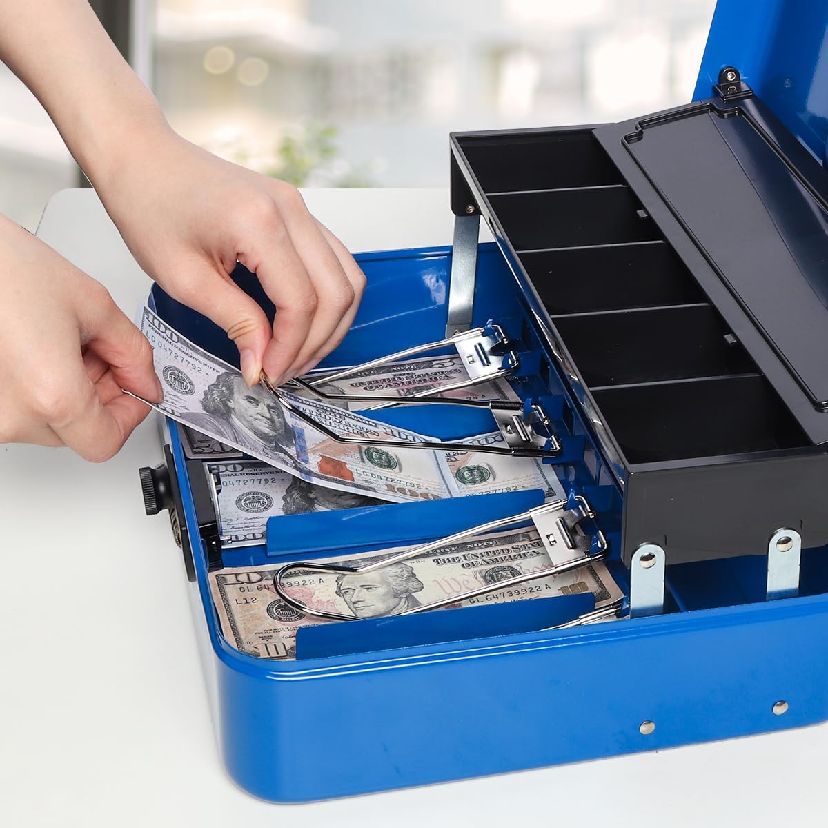 Jssmst Locking Metal Cash Box with Coin Lid, 11.8L x 9.5W x 3.5H Inches, Safe Money Box with Combination Lock, Blue, SM-CB0514BL