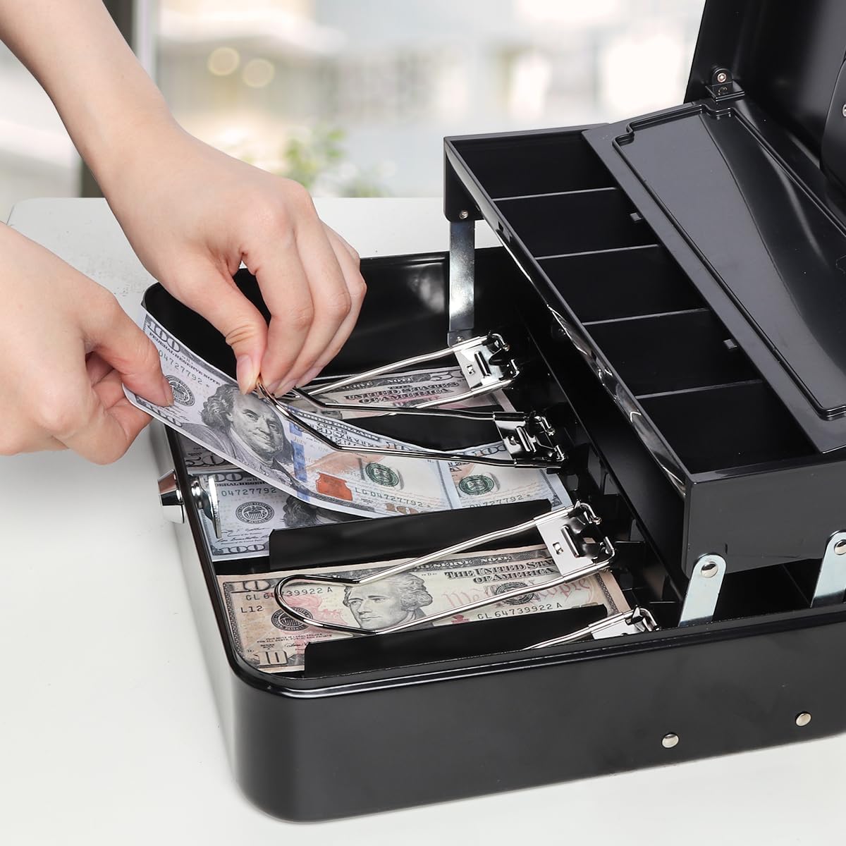 Jssmst Locking Cash Box with Money Tray and Lock, Money Lock Box with Coin Lid, 11.8L x 9.5W x 3.5H Inches, Safe Money Box with Key Lock, Black, SM-CB0511B