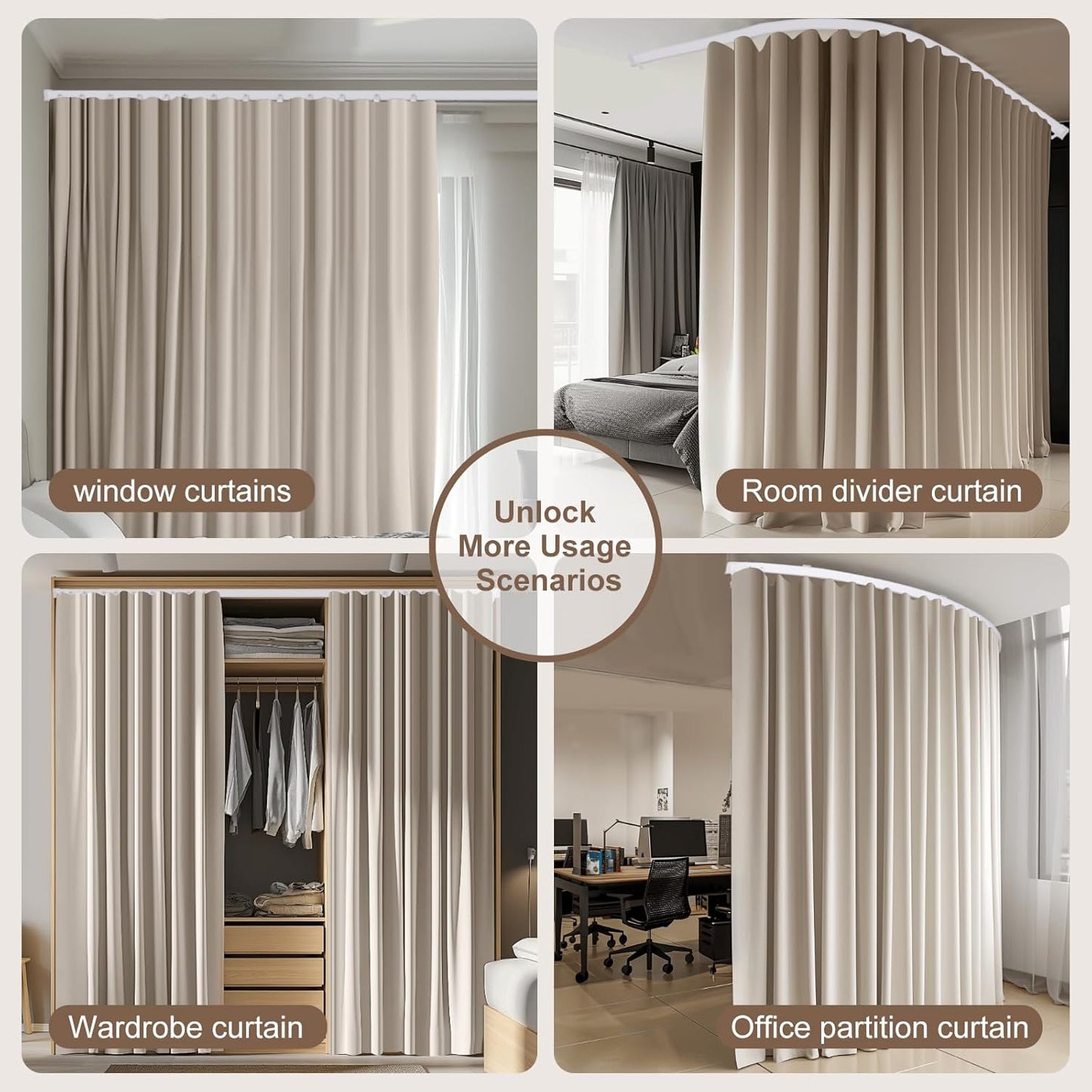 Room Divider Curtains & Flexible Bendable Tracks Set,Privacy Dividers Ceiling Track Curtain Window Blackout Curtains for Living Room Bedroom (W100 × H96 in 1 Panel Beige Drape & White Rail)