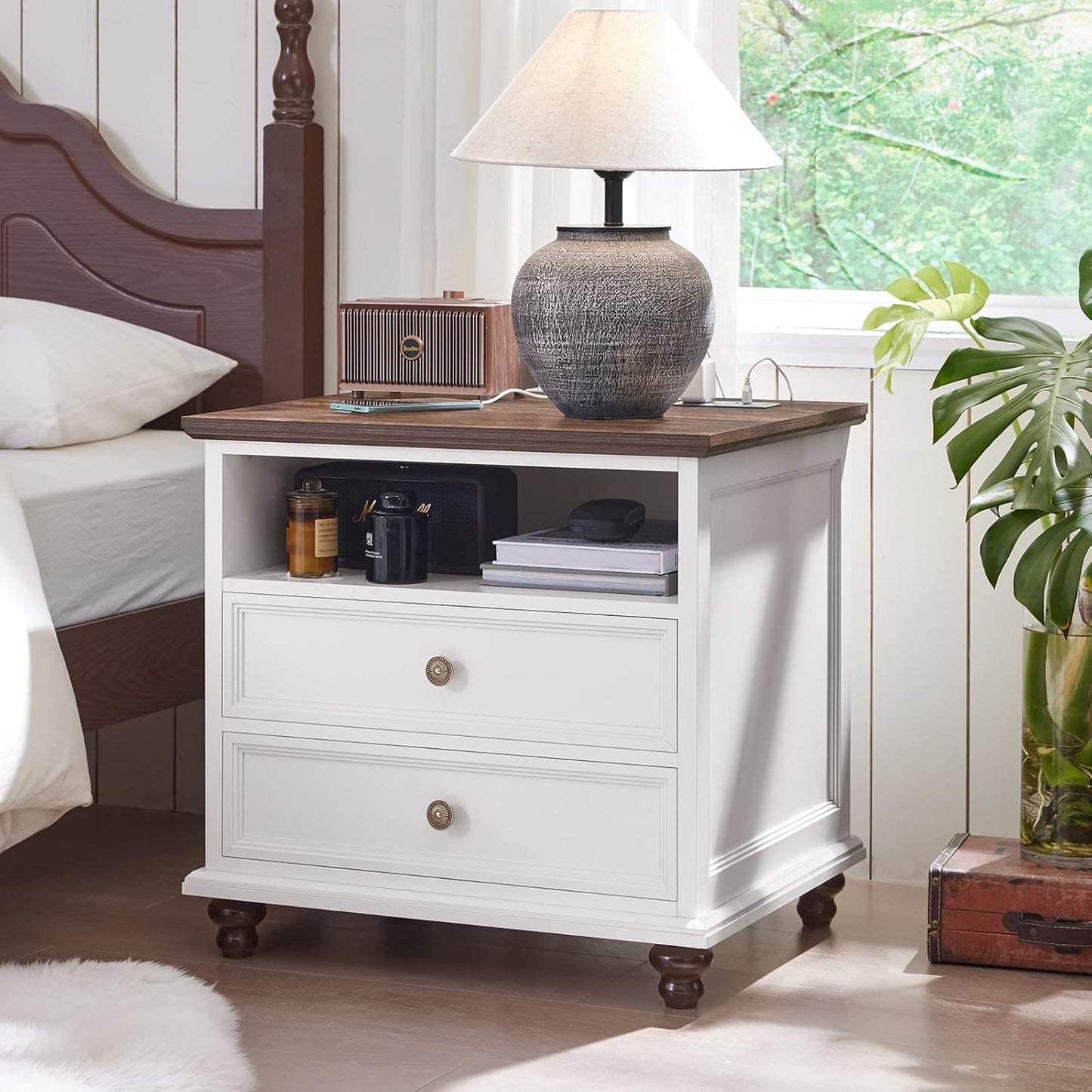 24" Wide Farmhouse Nightstand Set of 2 with Charging Station,End Table with 2 Drawers,White Wood Dresser for Bedroom Cabinet, Bed Side Table Chest of Drawers, Night Stand for Living Room, Closet
