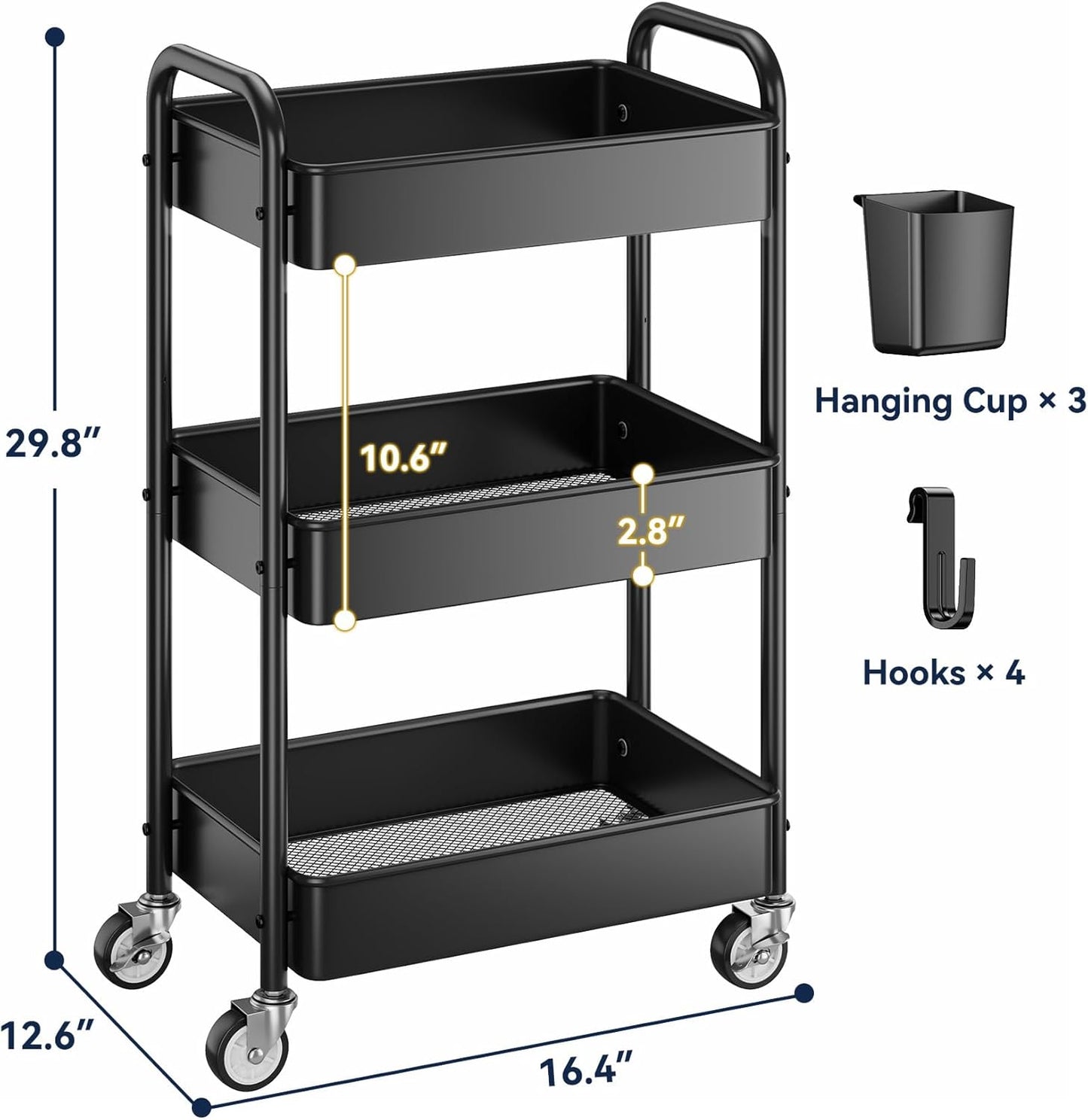 YASONIC 3 Tier Rolling Cart - Metal Utility Cart with Wheels, Hanging Cups, Hooks, Heavy Duty Mesh Rolling Storage Cart Organizer, Craft Cart for Kitchen Office, Lightweight and Sturdy