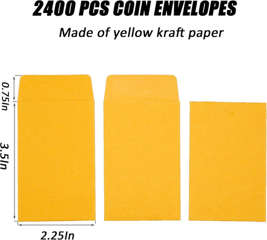 #1 2400 Pcs Small Coin Envelopes 2.25" x 3.5" with Gummed Flap, Yellow Kraft Mini Envelopes for Storing Keys, Stamps, Seeds, Tips and Small Items (2400)