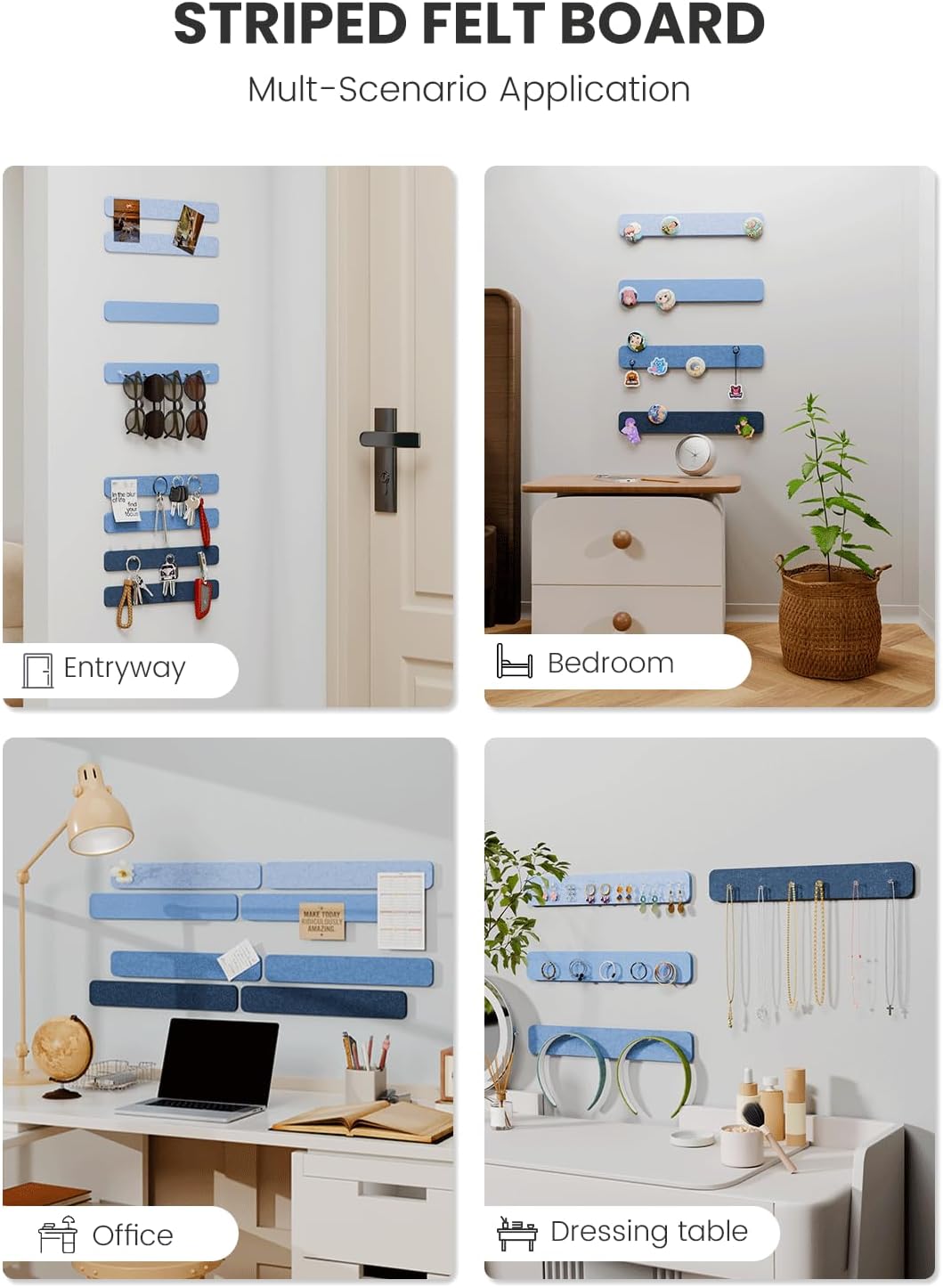 Cork Board Alternative Felt Strip Board 8-Pack 13"x2", Office Pin Board with 50 Push Pins, Adhesive Install for Bedroom Door & Home Office(Denim Mist)