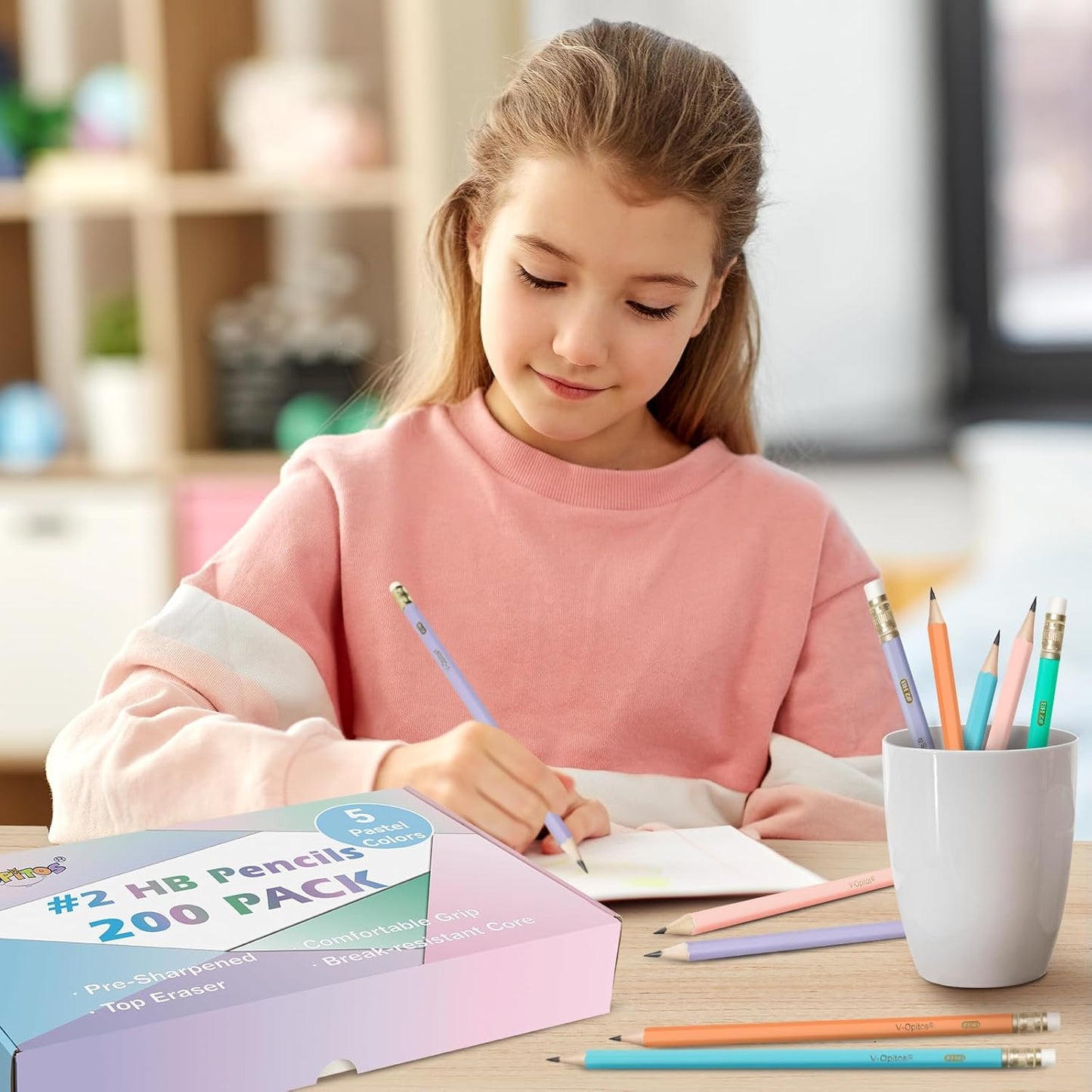 V-Opitos 200 Pack #2 HB Pencils, Bulk Wood-Cased Pre-Sharpened Pastel Color Pencils with Top Erasers, School Teacher Supplies, Writing, Drawing and Sketching