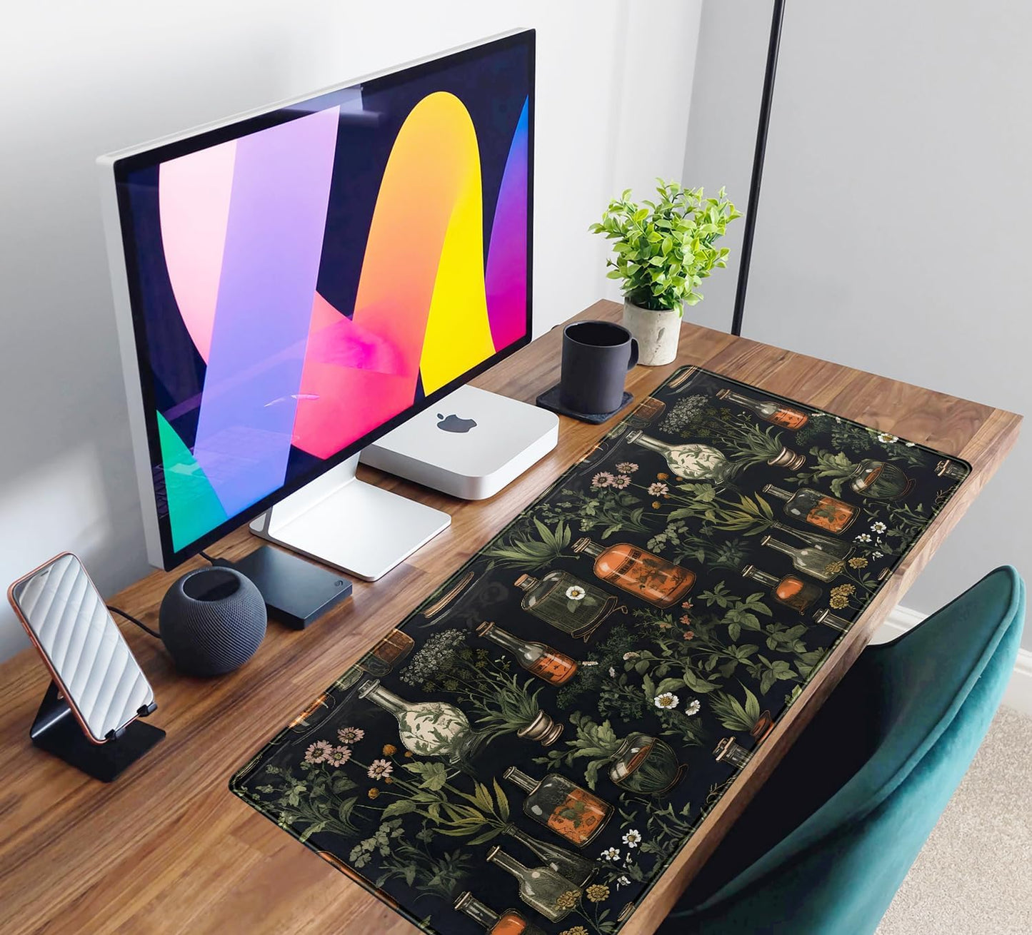 Black Aesthetics Desk Mat Mouse Pad Large Gaming Mouse Pad Desk Pad Mousepad, Mystical Green Plant Computer Laptop Keyboard and Mouse Mat, Desktop Protector Mat for Women Girl Office 31.5x15.8 in