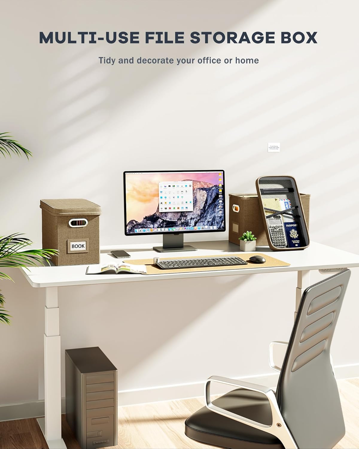 Oterri Hanging Filing File Box with Mesh Pocket, File Organizer Box with Lid, Collapsible Document Organizer Box for Letter Size, Easy Slide Durable Storage Box for Office/Decor/Home (2 PCS, Khaki)