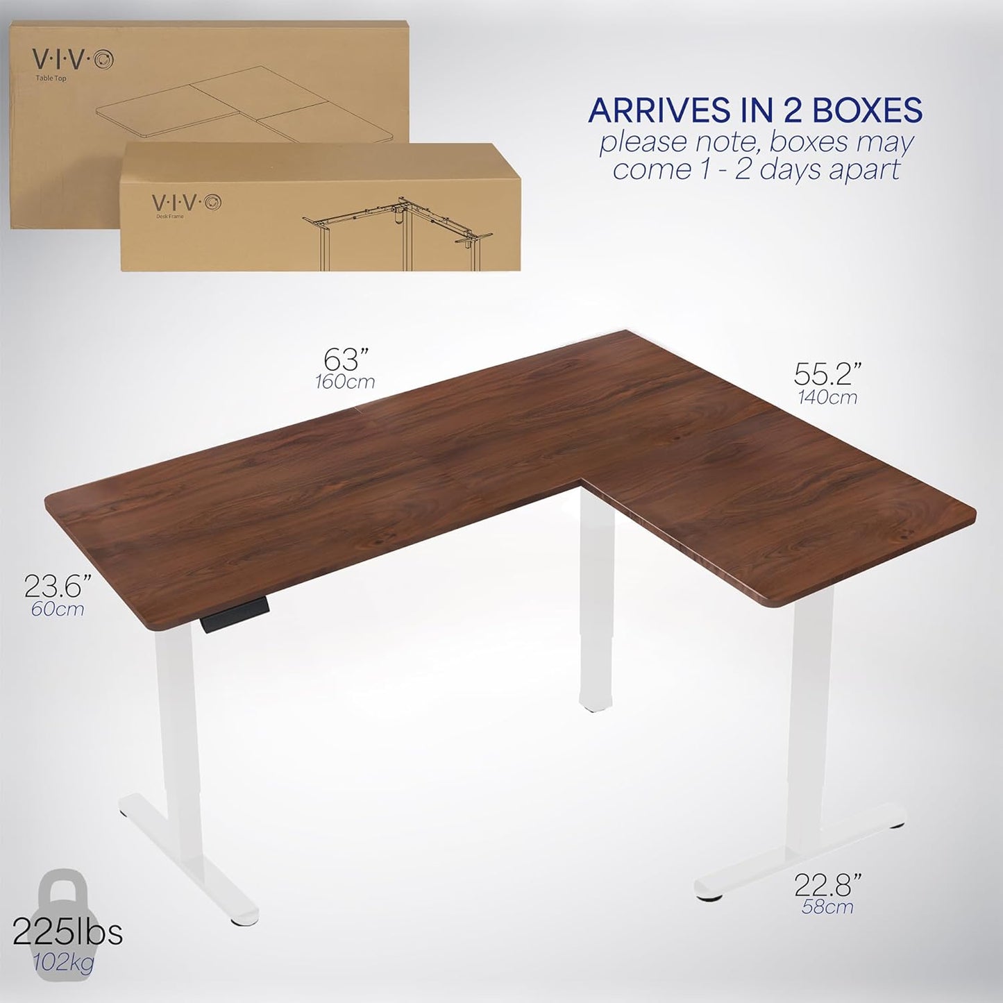VIVO Electric Corner L-Shaped 63 x 55 in Standing Desk, Memory Height Adjustment, Dark Walnut Top White Frame, DESK-E3CTWD