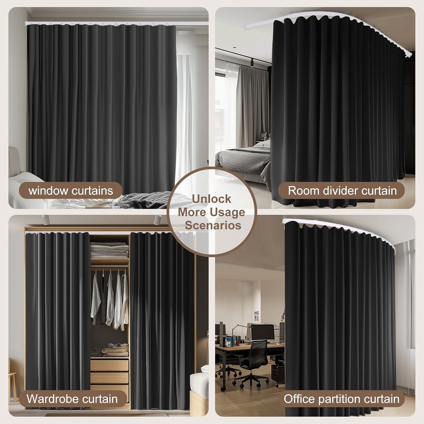 Room Divider Curtains & Flexible Bendable Tracks Set,Privacy Dividers Ceiling Track Curtain Window Blackout Curtains for Living Room Bedroom (W150 × H96 in 1 Panel Black Drape & White Rail)