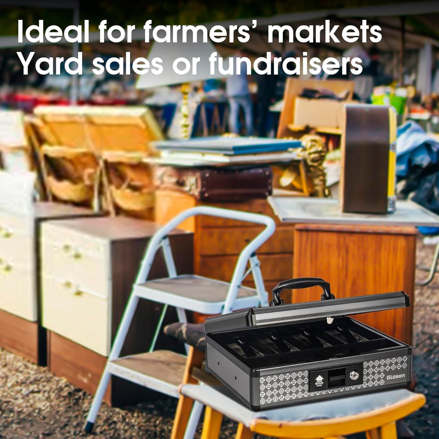 Cash Box with Lock, Money Box with Key Lock & Removable Coin Tray 8.85 * 5.3 * 11.8 inch (Black, Large)