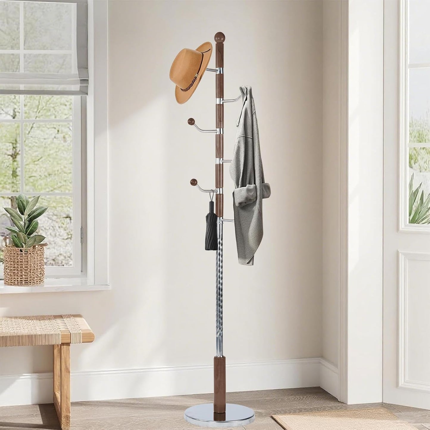 Wooden Coat Rack Freestanding with Resin Hooks, Adjustable Heavy Duty Stand for Hanging Coats, Bags, Hats, and Umbrellas in Living Room, Bedroom, Entryway (Cherry color-metal)