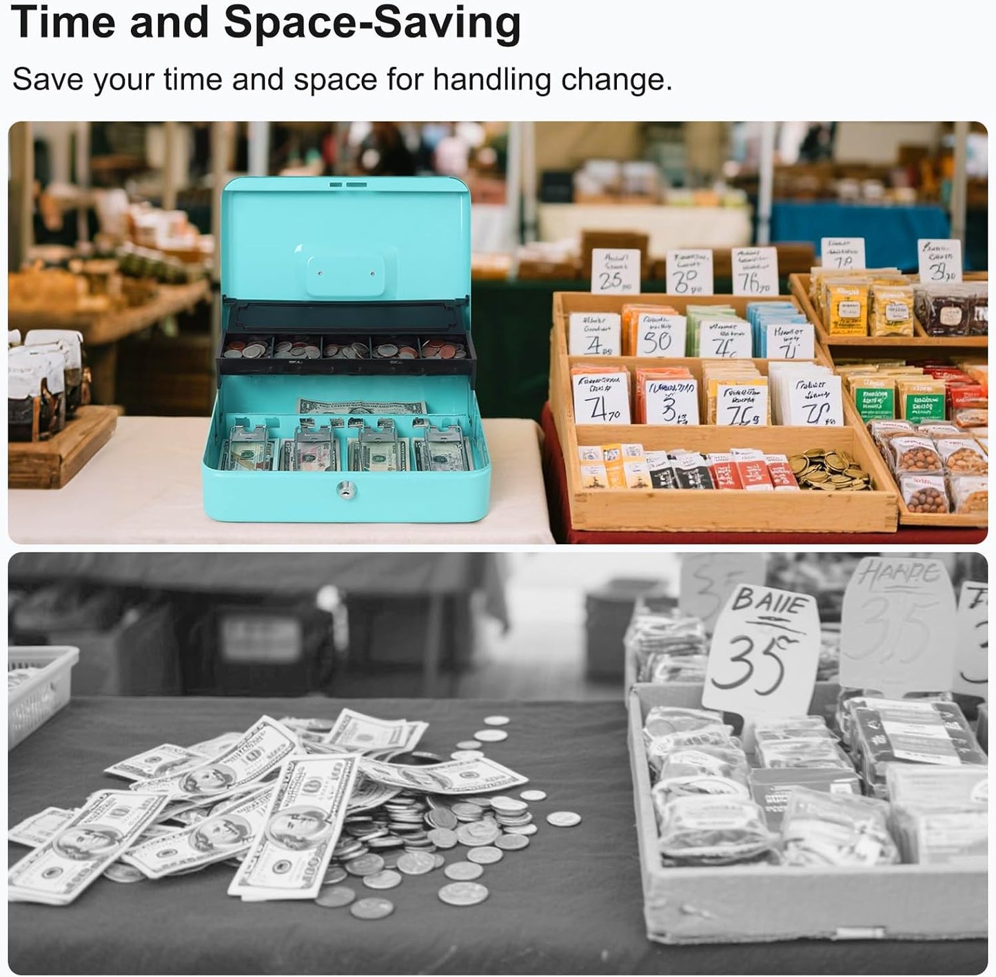 Jssmst Locking Metal Cash Box with Coin Lid, 11.8L x 9.5W x 3.5H Inches, Safe Money Box with Key Lock, Light Blue, SM-CB0519LB