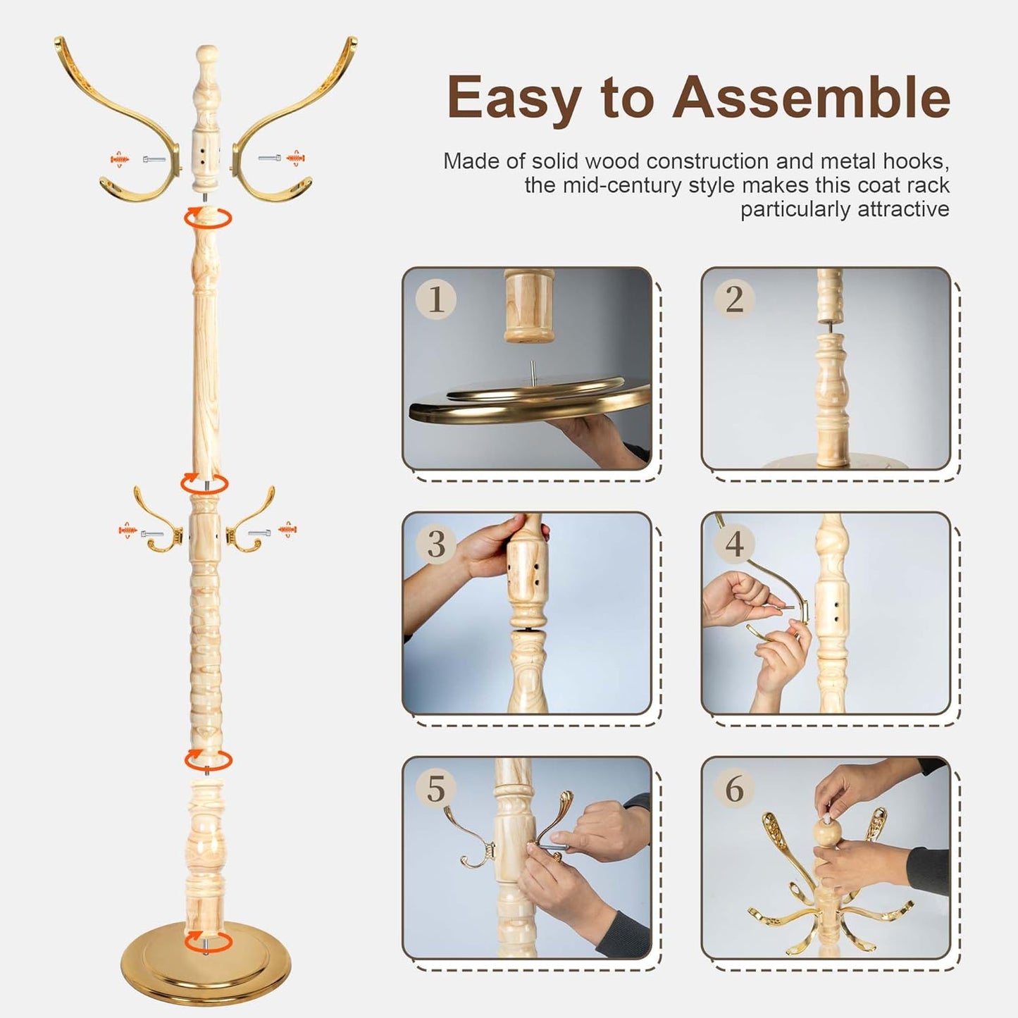 Solid Wood Coat Rack Stand with 14 Hooks, Vintage Coat Rack Freestanding with Heavy Duty Metal Base, Adjustable Height Coat Hanger Stand Hall Tree Fits Entryway Bedroom Office for Coat,Bag,Hat