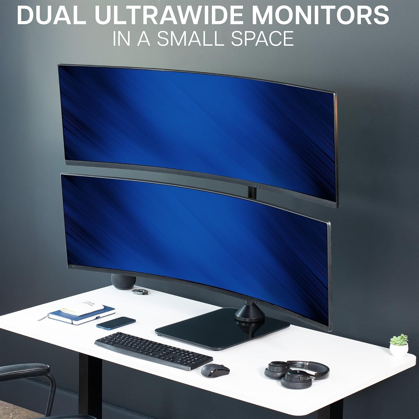 VIVO Dual Vertically Stacked Ultra-Wide Monitor Desk Stand with Glass Base, Extra Tall Adjustable Mount for 2 Ultrawide Screens up to 49 inches, 44 lbs Per Screen Capacity, Black, STAND-V202LG