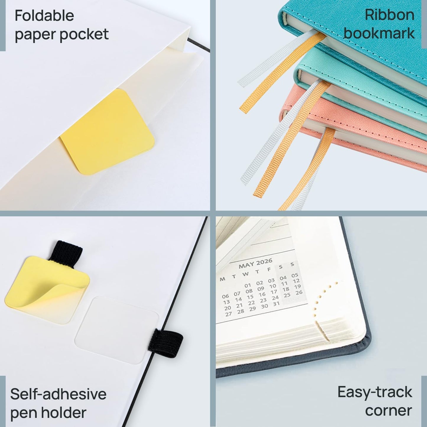 POPRUN Pocket Calendar 2026 (Small Size- 4'' x 6.25") Weekly and Monthly for Purse - Planner 2026 (Jan. 2026 - Dec. 2026) with Vegan Leather Soft Cover, Plastic Ruler, Pen Holder and More - Blue Green