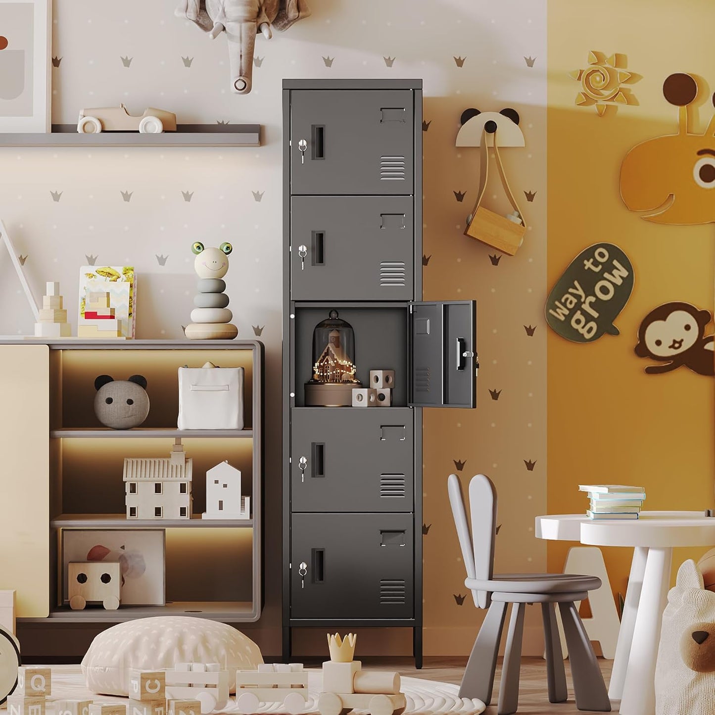 Aobabo 16" W 5 Door Metal Storage Locker with Lock, 66" H Steel Locker with Name Card Holder and Metal Leg for School, Home, Office, Playroom, Assembly Required, Black