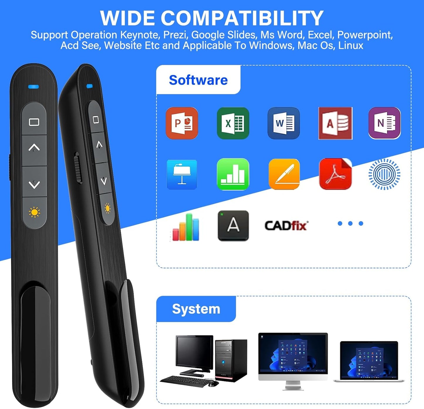 Presentation Clicker, Wireless Presenter with Red Light Pointer, Clicker for Powerpoint Presentations RF 2.4GHz USB Presenter Remote Google Slide Advancer with Hyperlink Volume Control