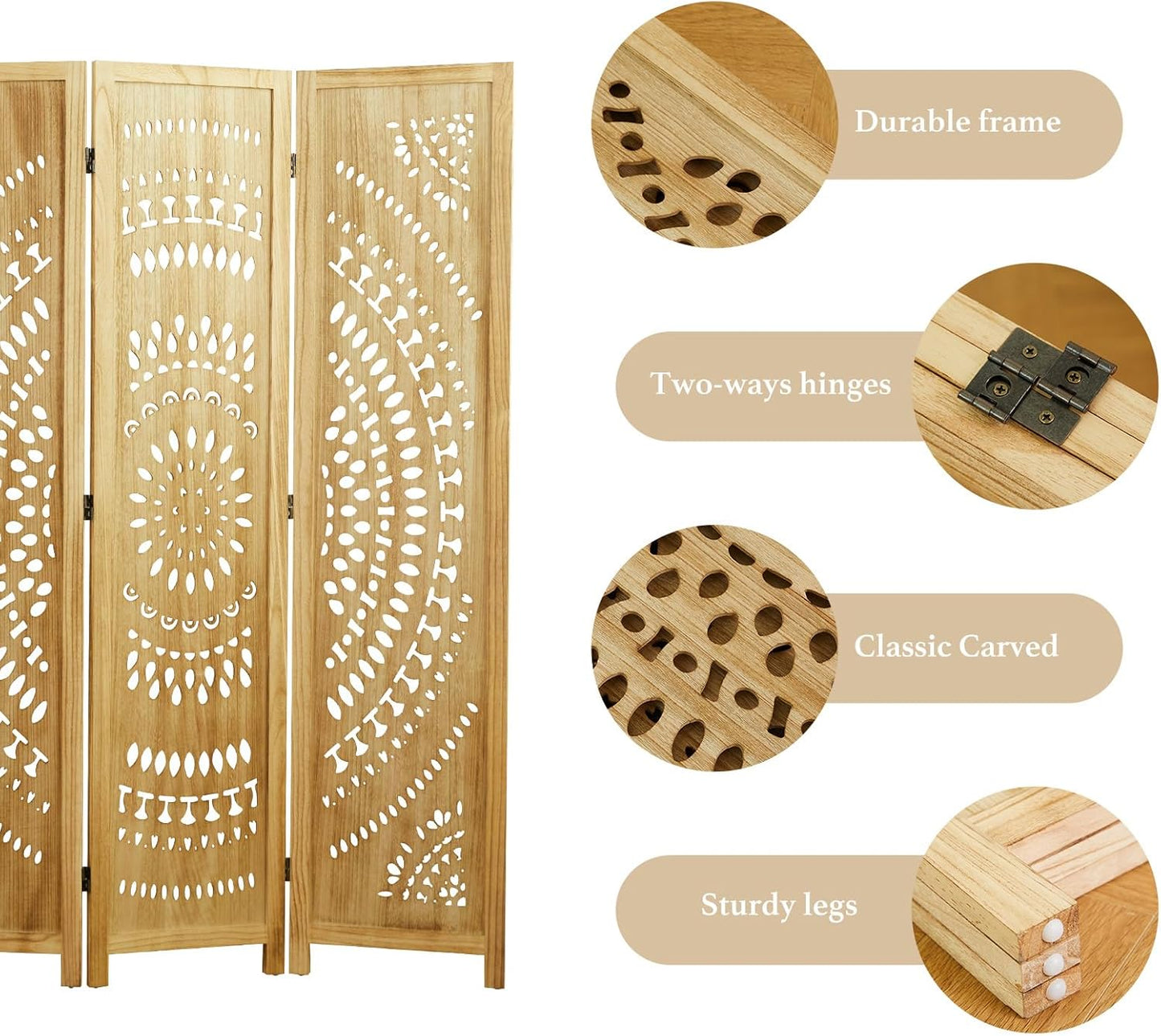 66.9Inch Folding Room Divider, 3 Panels Wood Carved Privacy Screens, Free Assembled Freestanding Partition for Home Office Restaurant Bedroom (Natural)