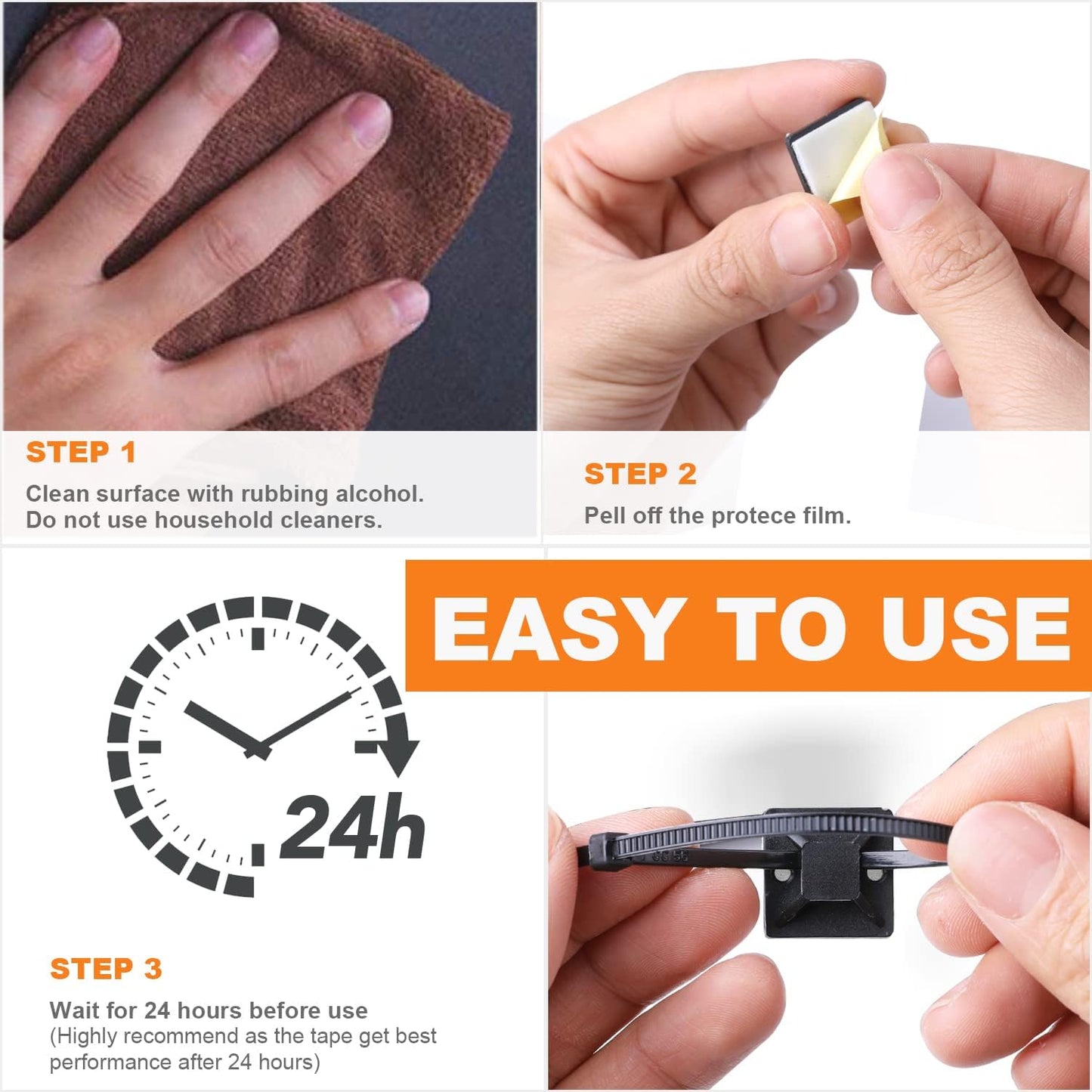 100 Pack 1.1 inch Zip Tie Adhesive Mounts Self Adhesive Cable Tie Base Holders with Multi-Purpose Tie wire clips with screw hole,Anchor stick on wire holder with 8 inch zip ties(Black)