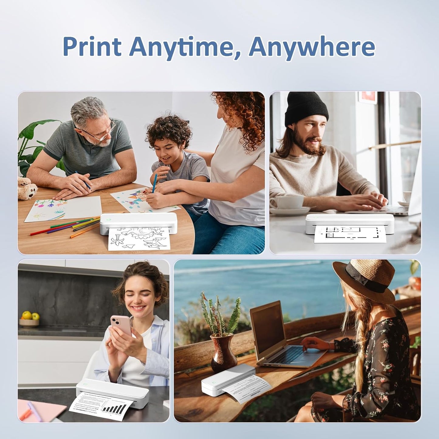 Inkless Portable Printer for Travel, Wireless Thermal Printer Supports 8.5 x 11 Inch US Letter Size, Bluetooth Machine Includes Carry Case and 3 Rolls of Thermal Paper Kit, White