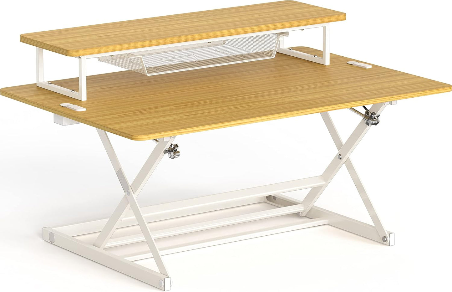 SHW 36-Inch Over Desk Height Adjustable Standing Desk with Monitor Riser, Oak