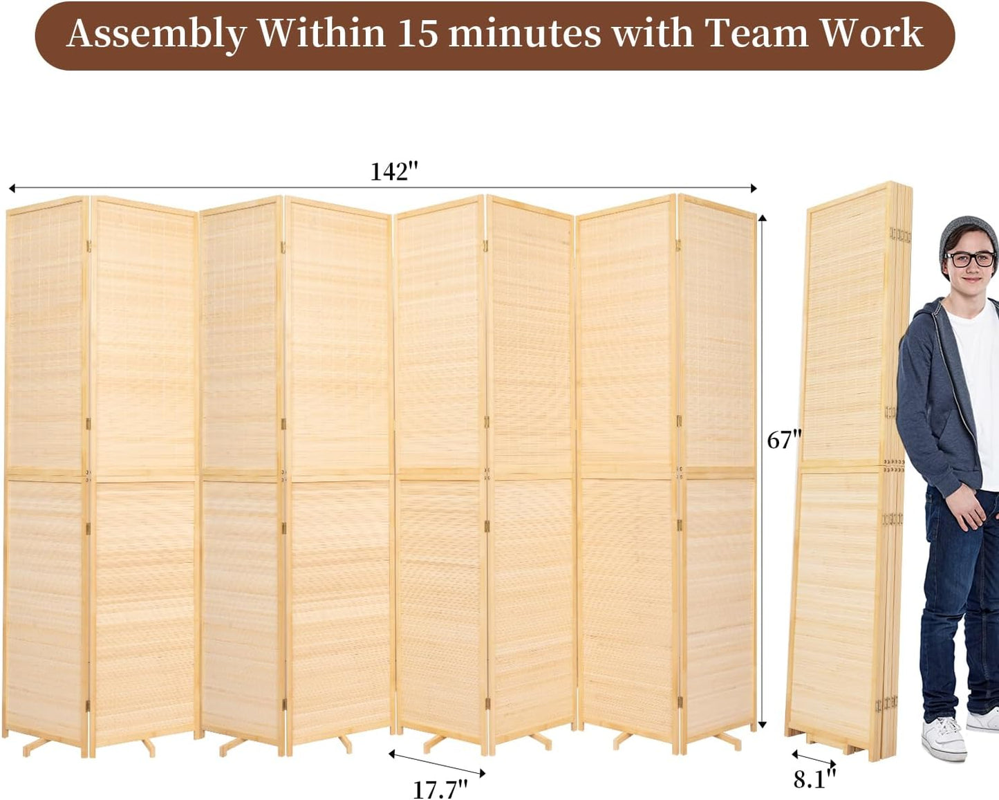 Bamboo Room Divider 8 Panel Wall Divider, 142'' W x 67'' H Folding Design with Extra Stable Base, 100% Bamboo Room Divider Screen for Room Separation, Chinese Room Partitions and Dividers Freestanding