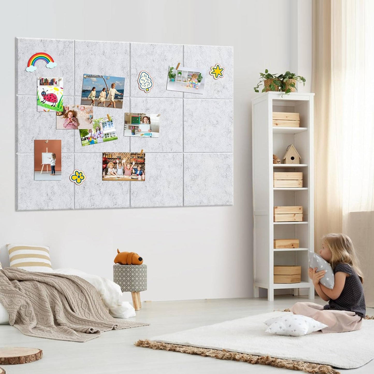 Large Cork Board for Walls 48" x 36" - 12 Pack Felt Wall Tiles with Safe Removable Adhesive Tabs - Bulletin Board for Office Classroom Home Decor - Marble White