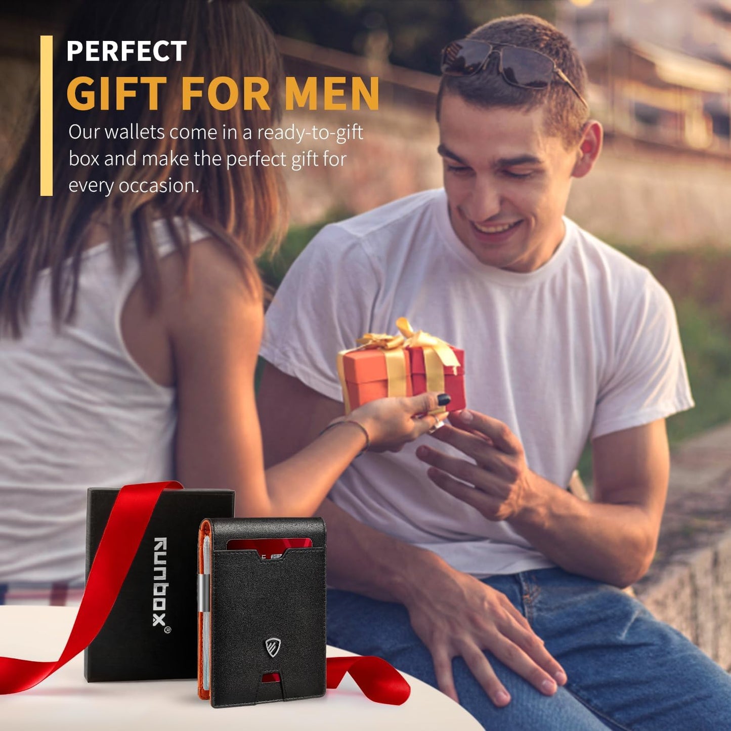 RUNBOX Mens Slim Wallet with Money Clip RFID Blocking Bifold Credit Card Holder for Men with Gift Box