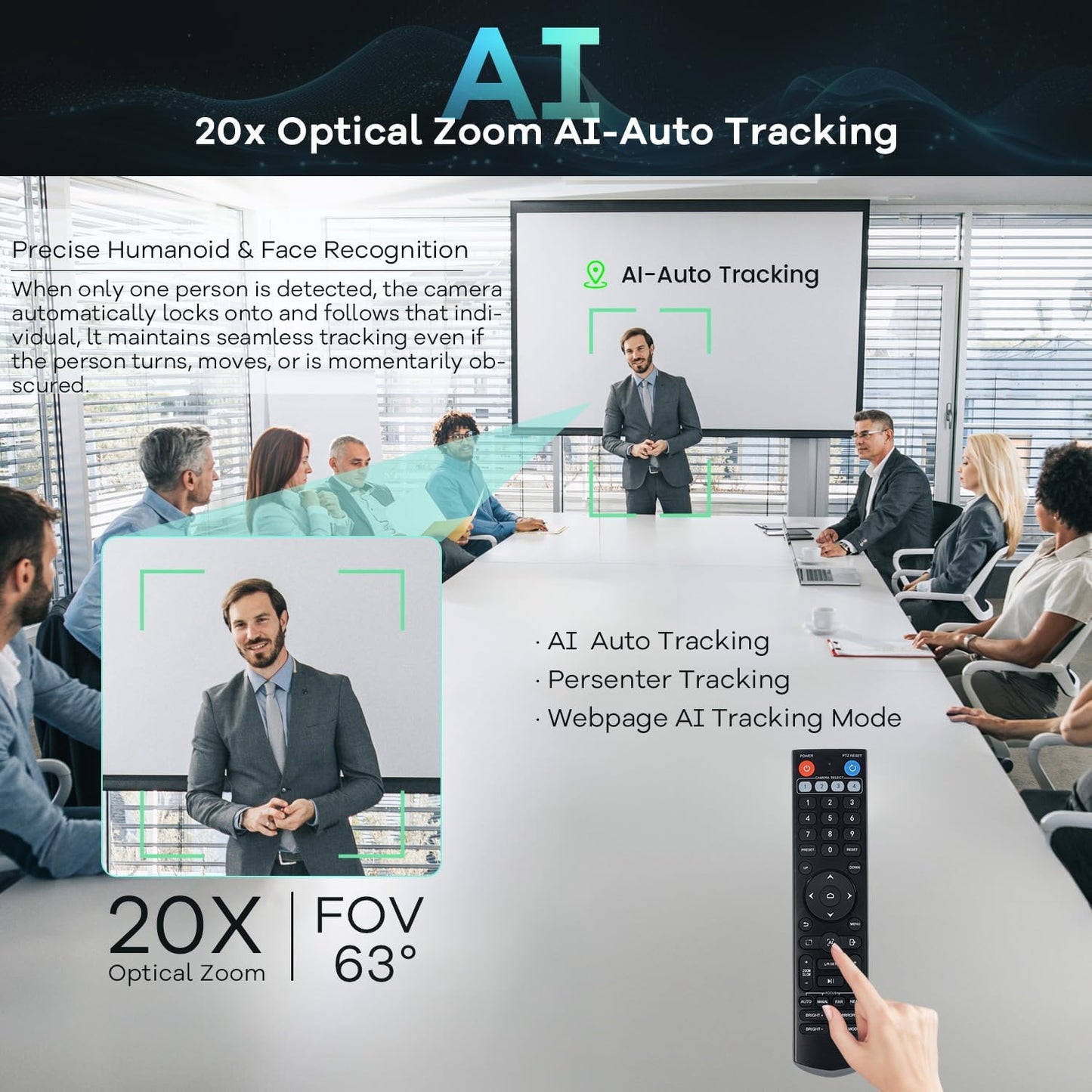 4K PTZ Conference Room Camera System AI Auto-Tracking 20x Zoom 4K PTZ Camera USB3.0 HDMI LAN outputs and Bluetooth Speakerphone with Microphone for Large Remote Meeting
