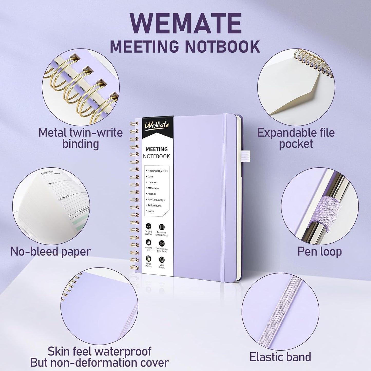 WEMATE Meeting Notebook for Work B5 (7"x10") - PU Leather Work Notebook with Agenda, Action Items & Notes - 200 Pages for Men&Women, Staff and Students, Meeting, Projects Planning - Light Purple