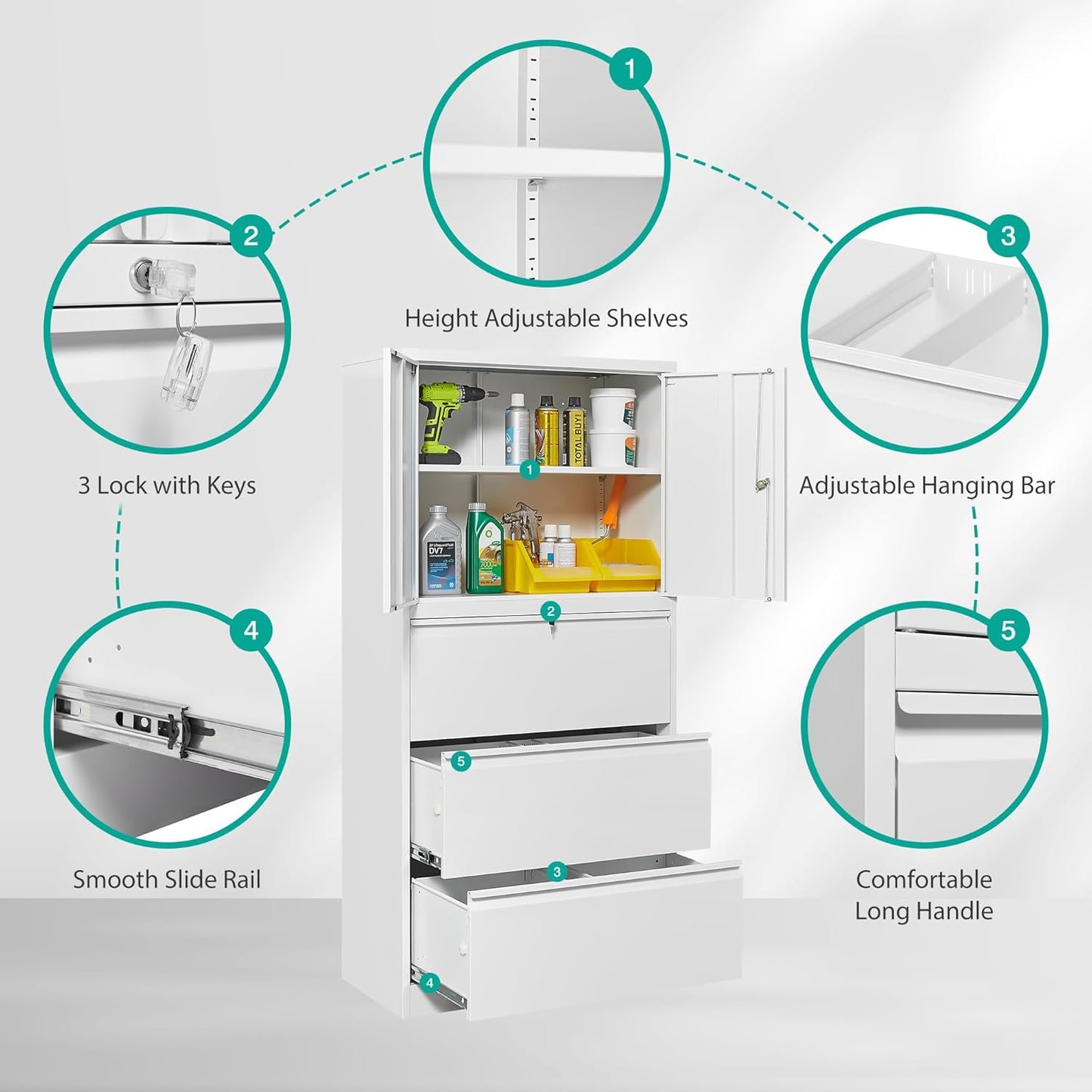 SISESOL 3 Drawer Lateral File Cabinet with Lock,White Filing Storage Cabinet with Doors and Shelves,Locking Metal Storage Cabinets with Drawers for Home,Office,Garage,School,Fit A4/Letter/Legal File