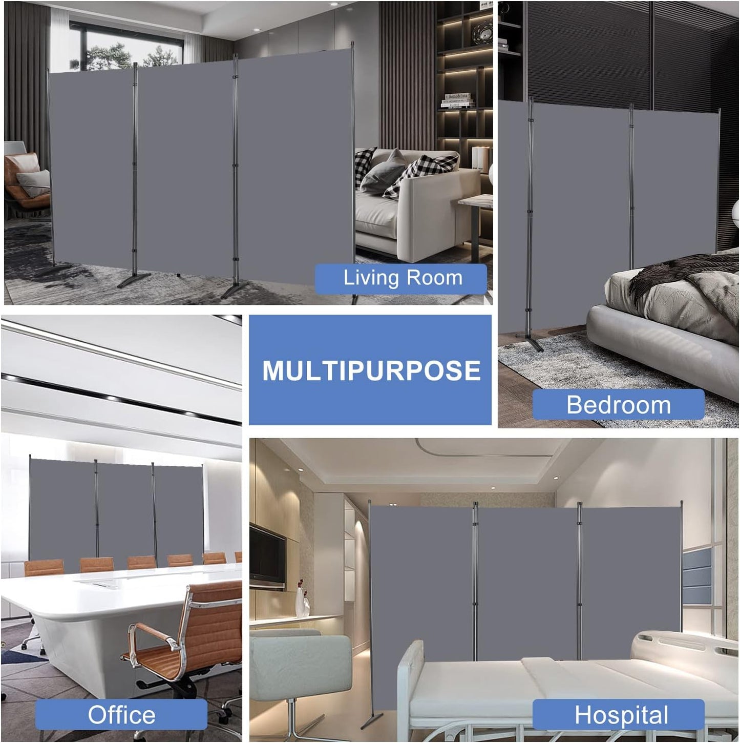 Room Divider 6FT Folding Privacy Screens, Partition Room Dividers w/Freestanding Design, Portable Wall Divider for Room Separtation, Fabric Screen Panel for Home Office Dorm (Grey, 3 Panel)