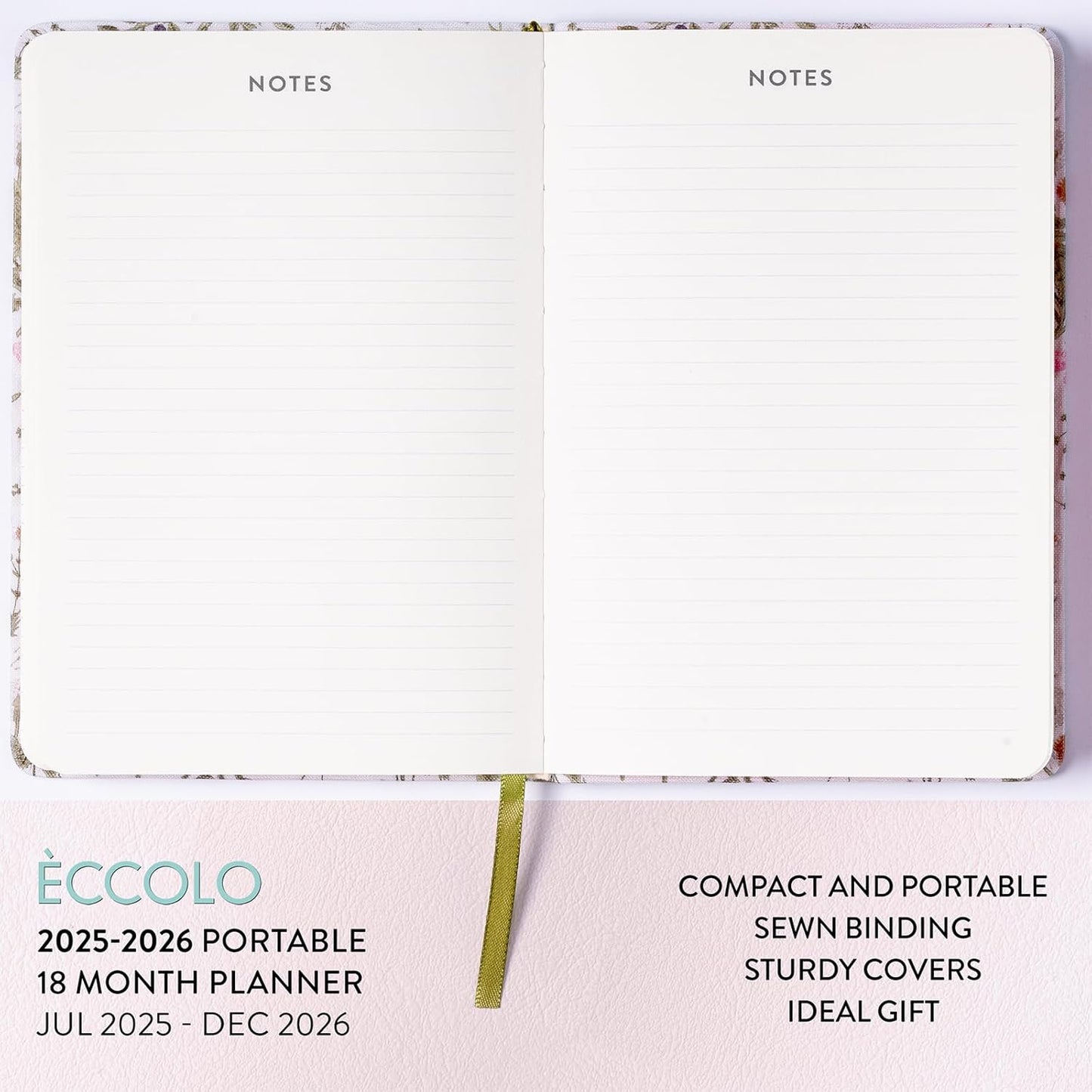 2025-2026 Eccolo 18 Month Linen Botanical Bound Planner, Monthly & Weekly Pages (5.25 x 7.75" - July 2025 - Dec 2026)