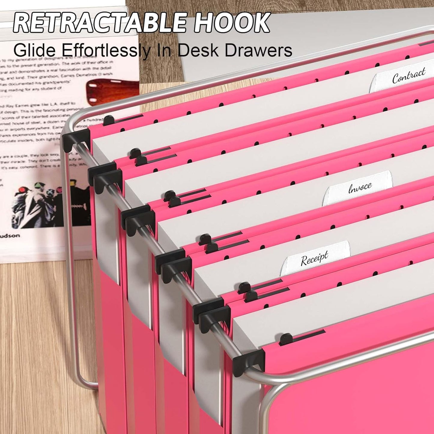 Plastic Hanging File Folders Expanding,12 Pack Extra Capacity Hanging File Folder Letter Size,2 Inch Expansion Heavy Duty Folders,Adjustable Tabs,Pink Hanging Folders Designed for Bulky Files