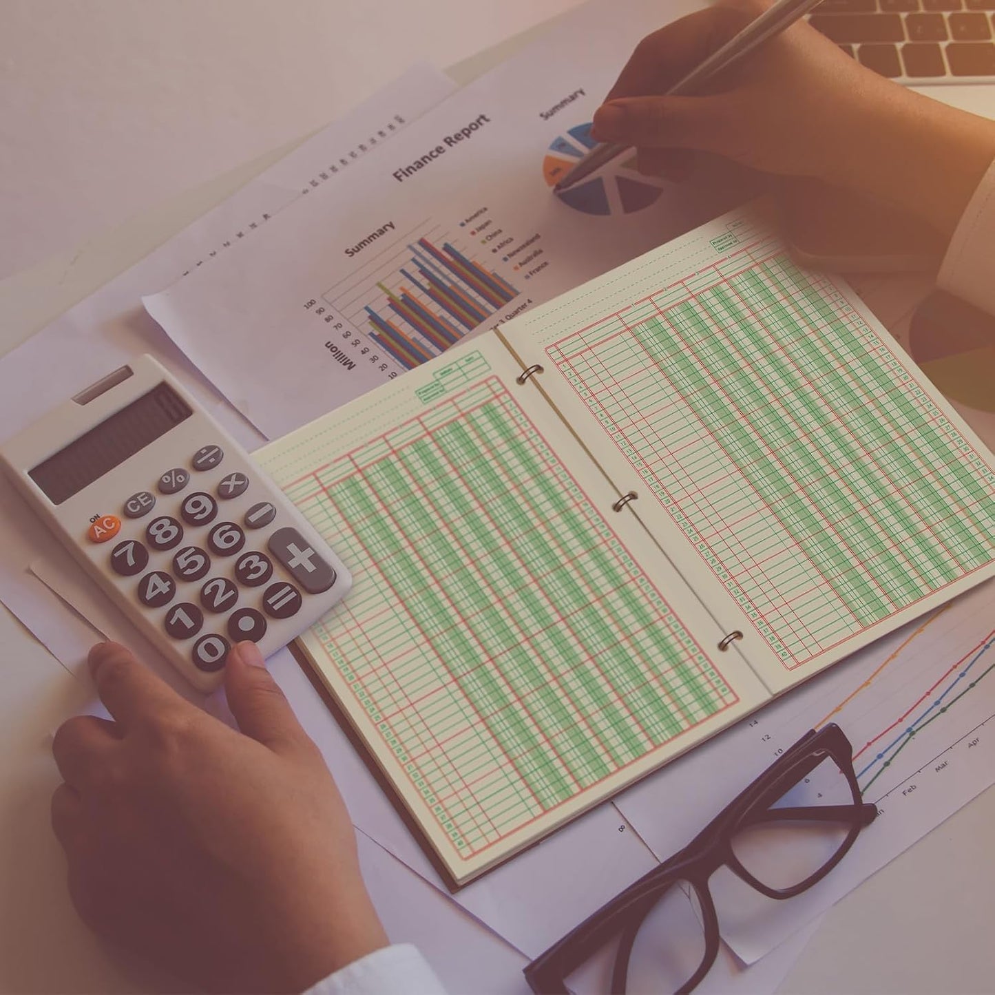 Fulmoon 5 Pack 250 Sheets Ledger Paper Accounting Columnar Pads 3 Hole Analysis Accounting Ledger Book for Business, 50 Sheets/Pack, Single Page Format, Green(8.5 x 11 Inch,5 Columnar)