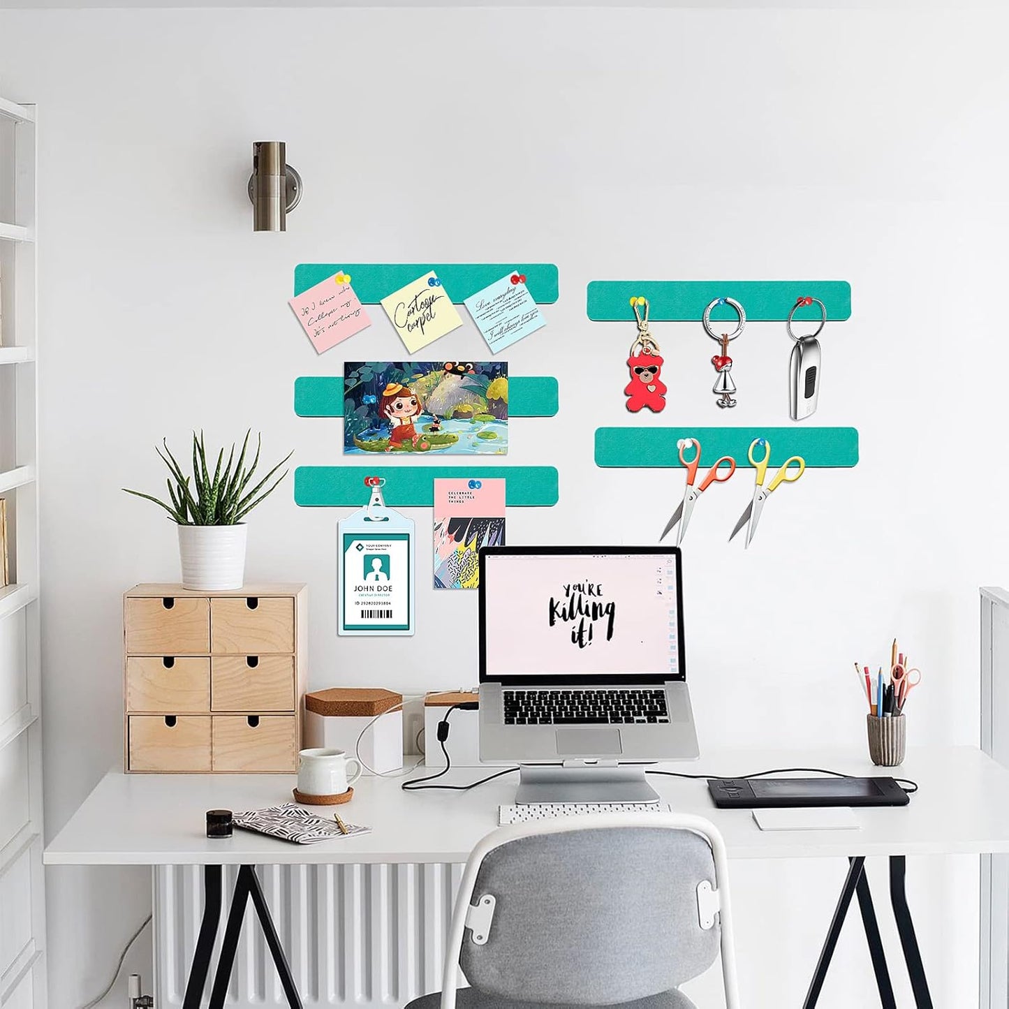 Felt Pin Board Bar Strips Bulletin Board for Bedrooms Offices Home Wall Decoration, Notice Board Self Adhesive Cork Board with 35 Push Pins for Paste Notes, Photos, Schedules