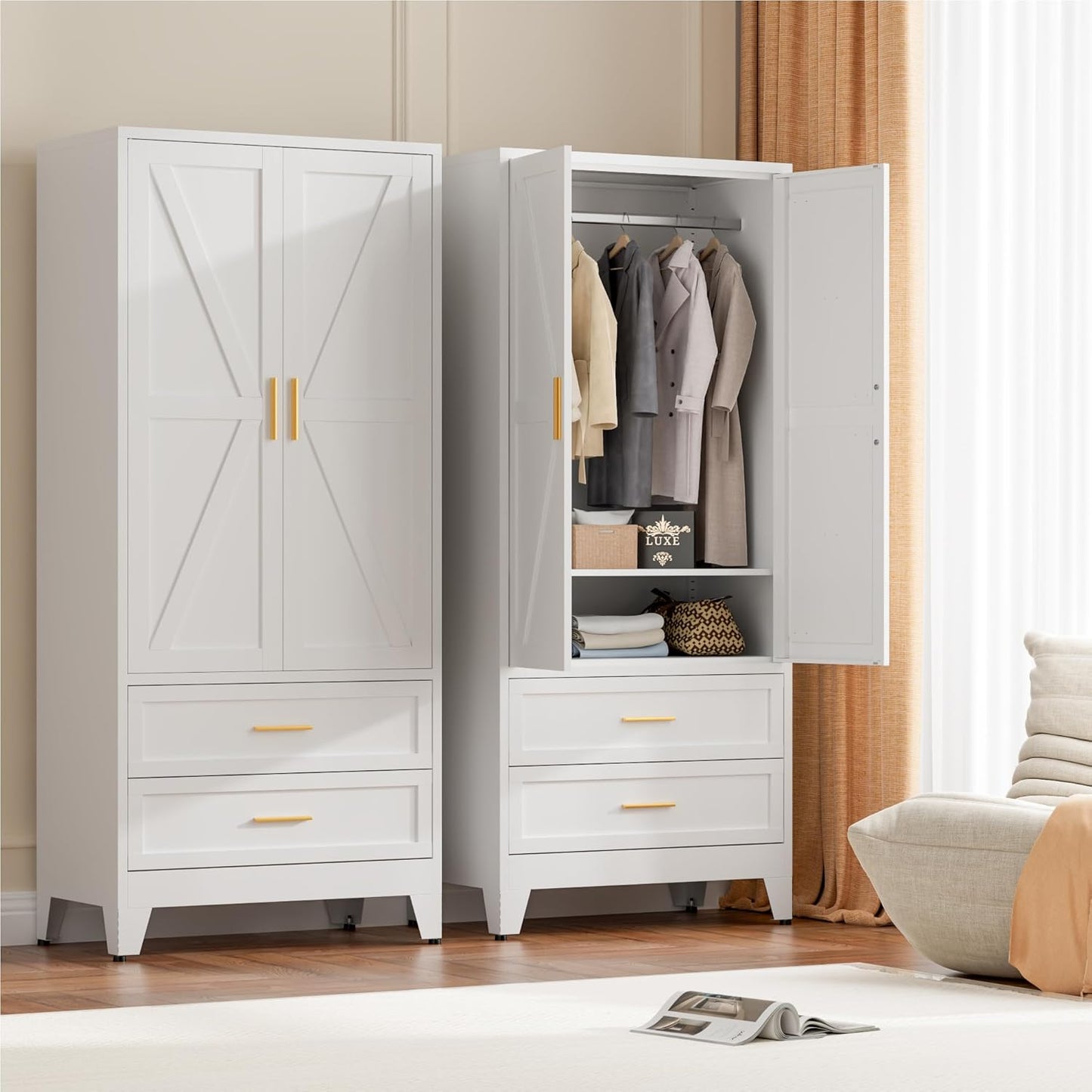 71" Tall Metal Wardrobe Cabinet with 2 Drawers and Hanging Rod, 2 Doors Armoire Wardrobe Closet with Shelf for Bedroom, Office, Laundry Room, White