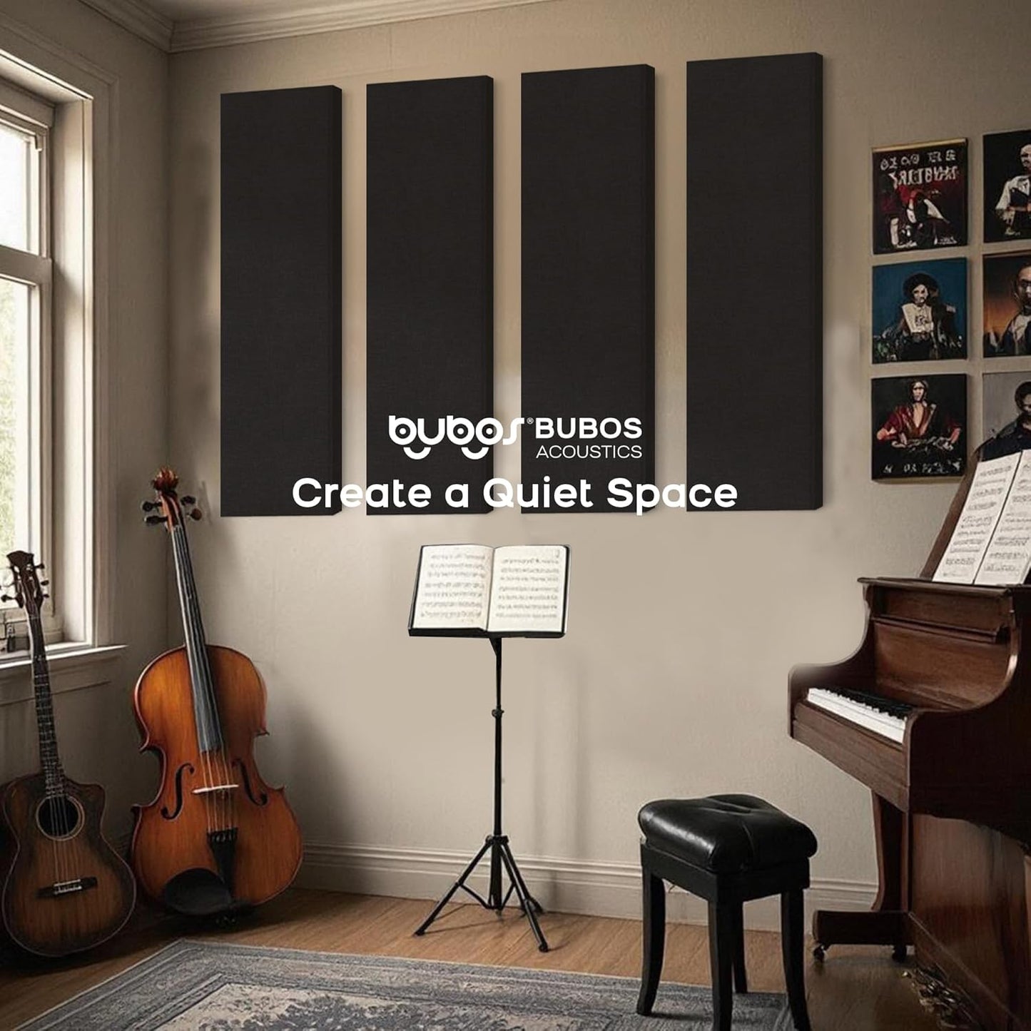 BUBOS 2 PCS Acoustic Panels,47.2''x11.8'' Fabric Soundproof Wall Panels,Self-adhesive Sound Absorbing Panels for Studios, Office, Home Theater, Fabric-Clad-N Matte Black