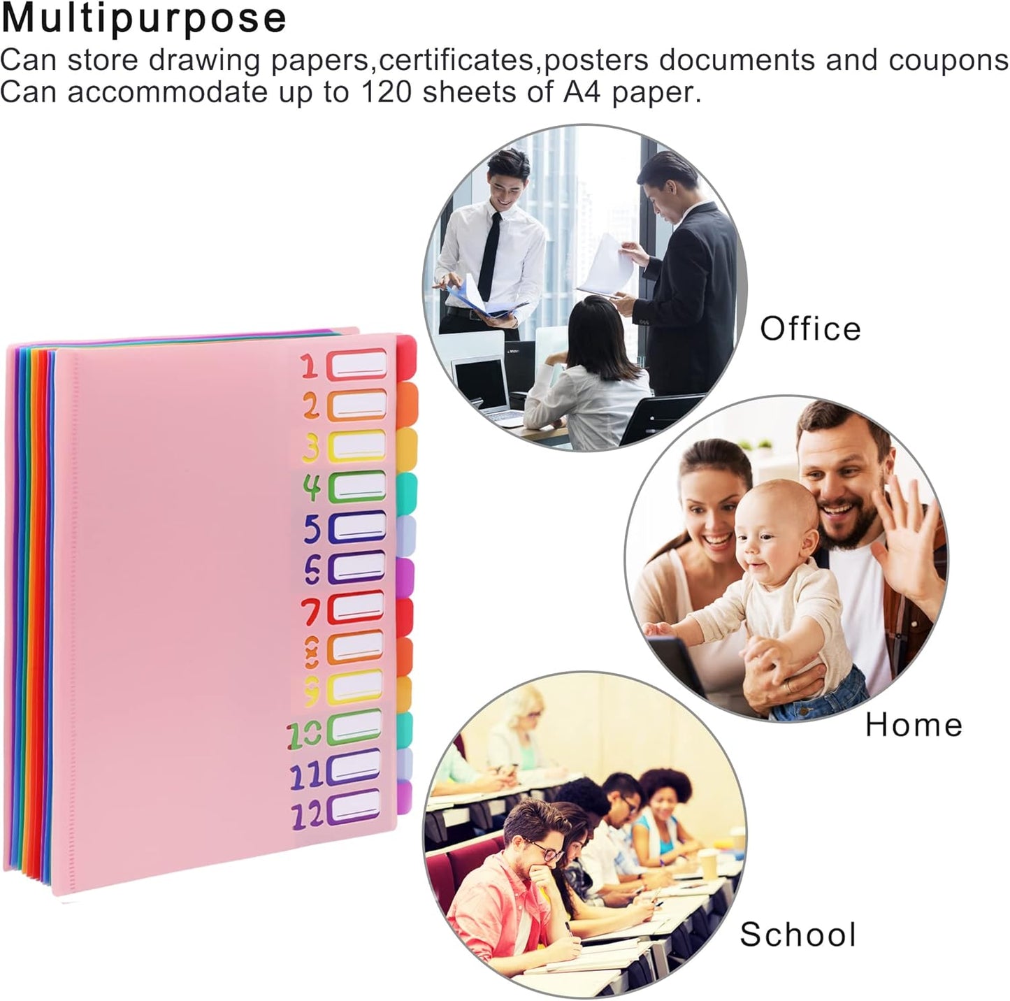 Rainbow Tab Expanding File Folder - 24 Pockets, Durable A4 Letter Size Organizer, Water-Resistant Plastic Dividers, Home/Office/School Document Holder (Pink)