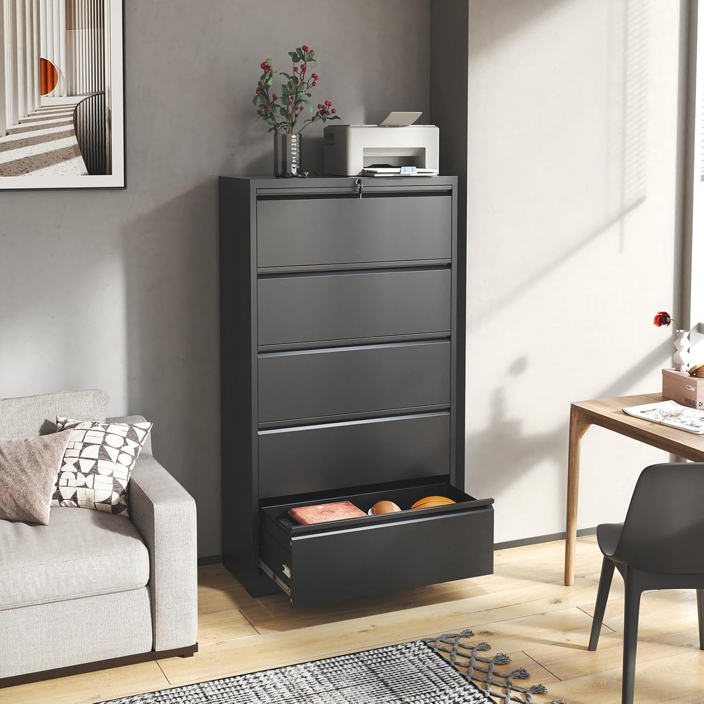 5 Drawer Lateral File Cabinet with Lock, Black Metal Lateral Filing Cabinet for Home Office, Steel Wide Filing Cabinets for Letter/Legal/A4/F4 Hanging File Folders (Black)