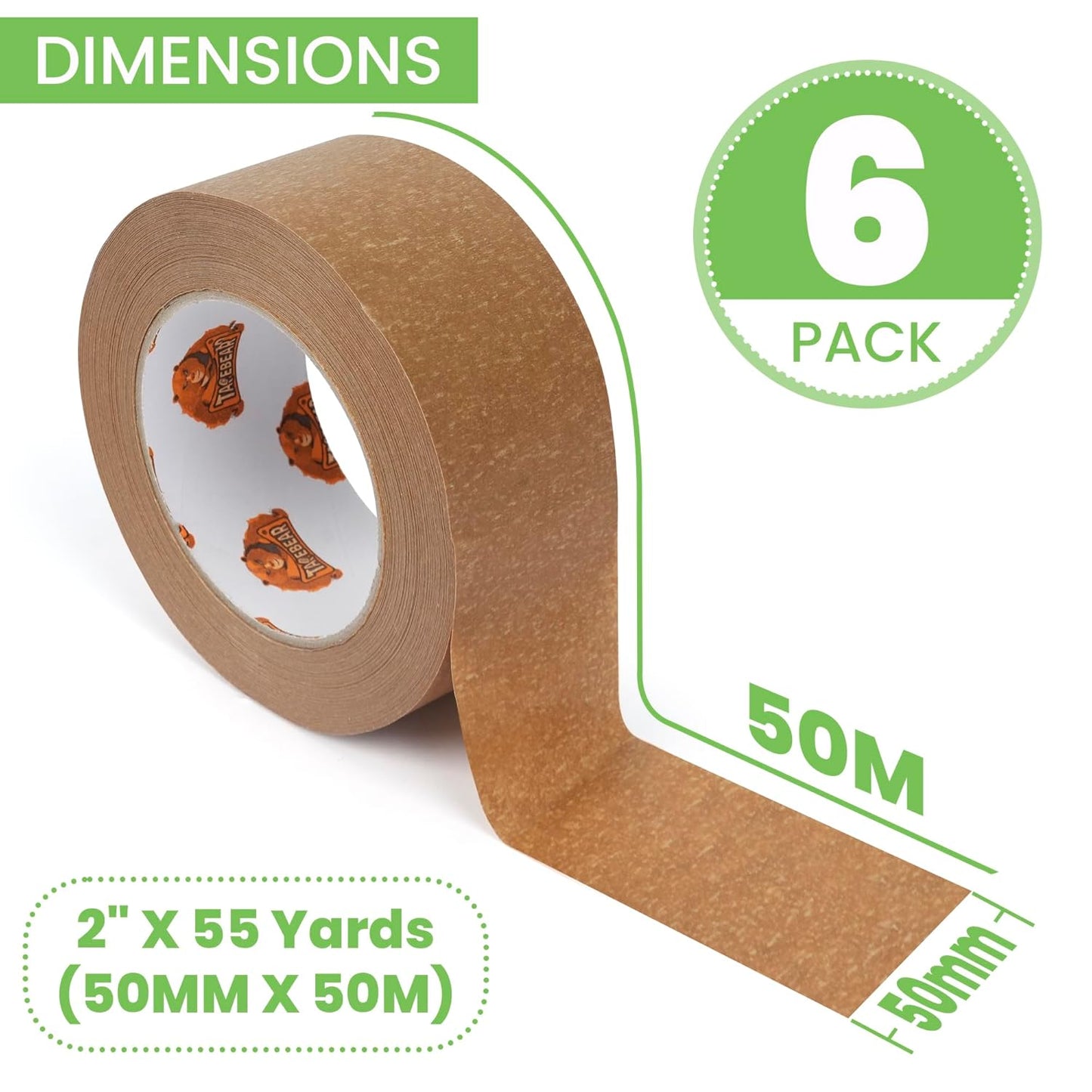 Eco-Friendly Kraft Paper Tape, Biodegradable Heavy Duty Packing Tape 2Inch x 55Yard, Recyclable Packaging Tape Self Adhesive Box Tape for Shipping, Sealing, Moving & Masking, 6Rolls