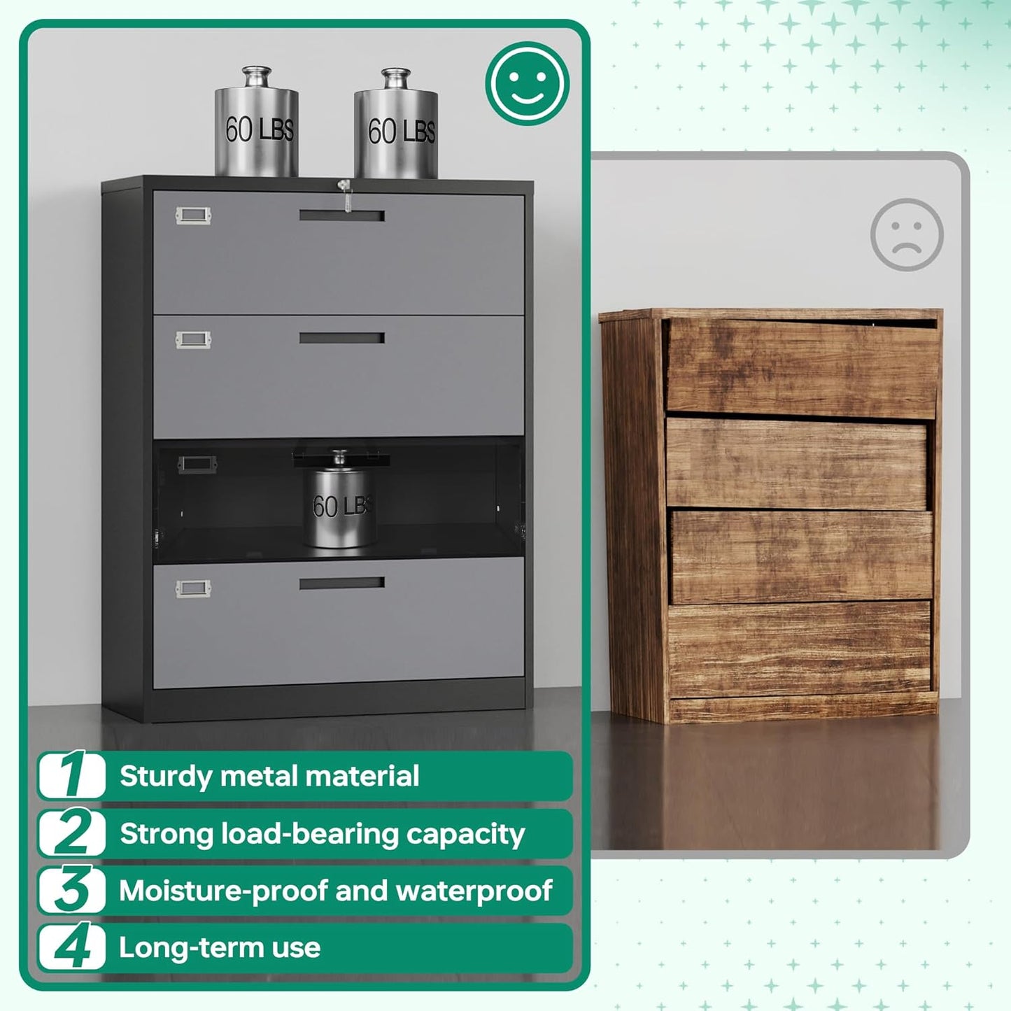 Letaya 4 Drawer Lateral Metal Filing Cabinet with Lock-File Cabines-Organization Storage Cabinets for Home Office-Hanging Letter/Legal/F4/A4 Size (4 Drawer-Grey Black)