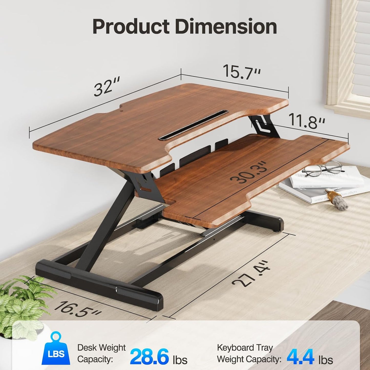 Standing Desk Converter 32 inch, Height Adjustable Sit Stand Desk Riser, Quick Sit to Stand Tabletop Dual Monitor Riser Workstation for Home Office with Keyboard Tray, Dark Wood