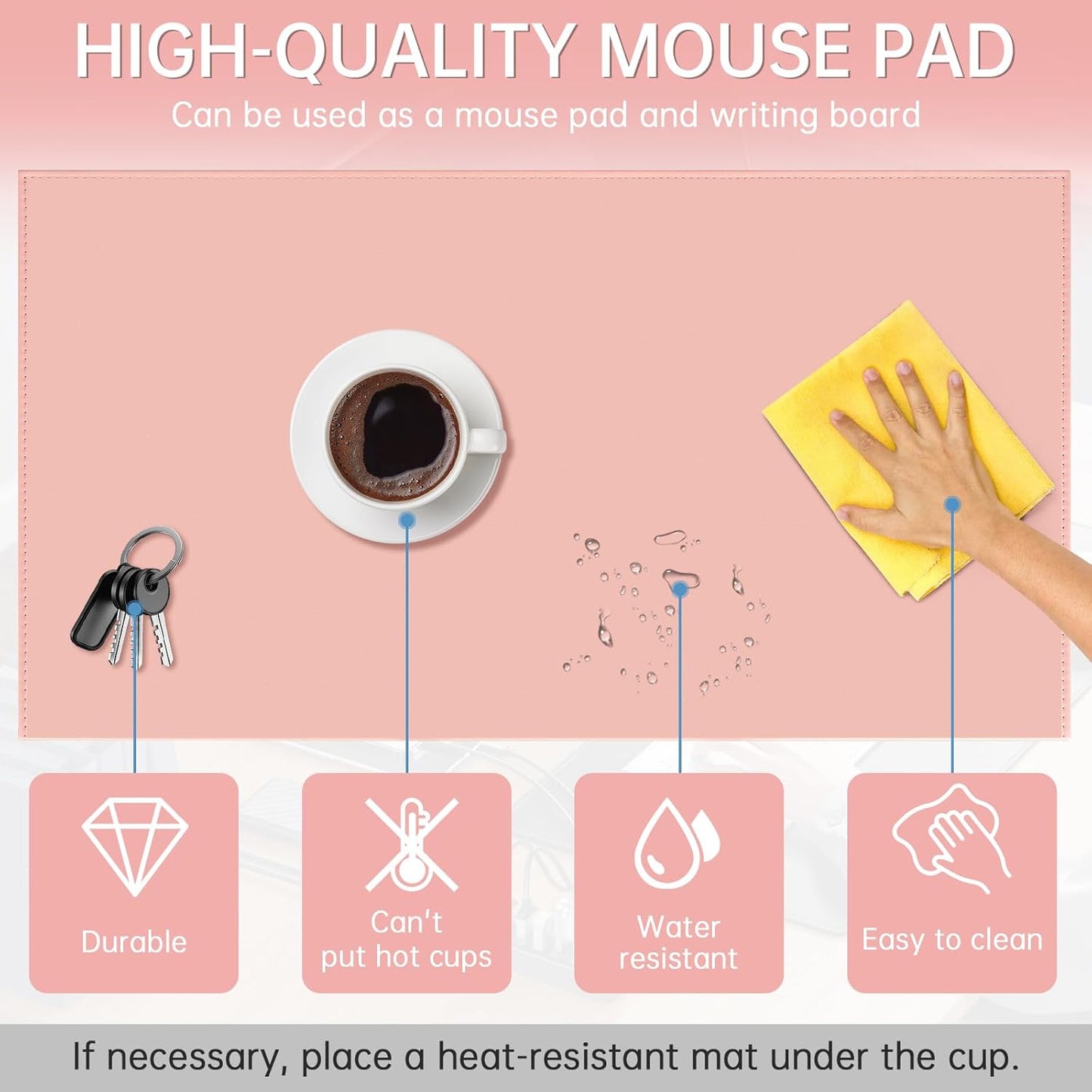 AKOZLIN 35.4"x 18.9" Soft PU Leather Surface Office Desk Mouse Mat Anti-Push Pad with Full Grip Fixation Lip Table Blotter Edge-Locked Protector Pink