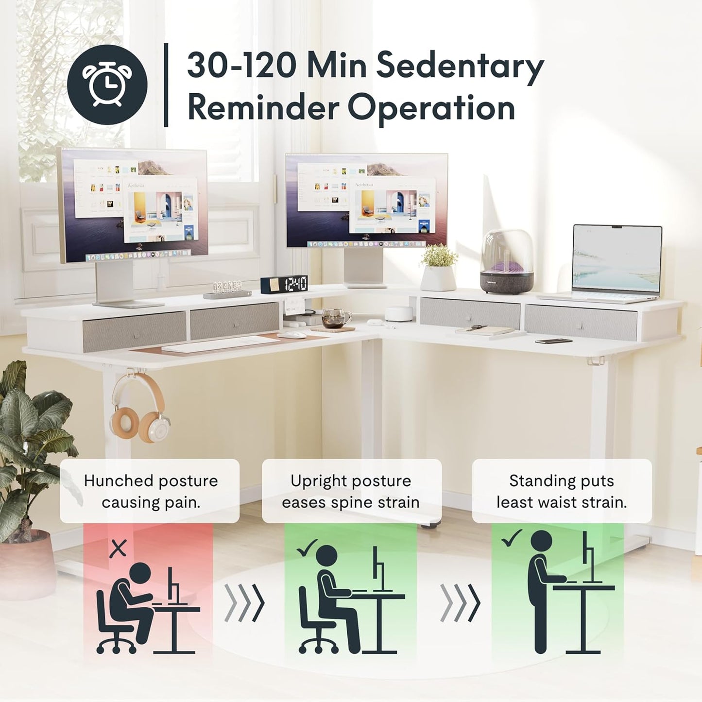 FLEXISPOT 63" L Shaped Standing Desk with Shelf Electric Corner Table, Drawers, Adjustable Computer Workstation for Home, Office,USB Charging Port, 63x55in, White Top + White Frame