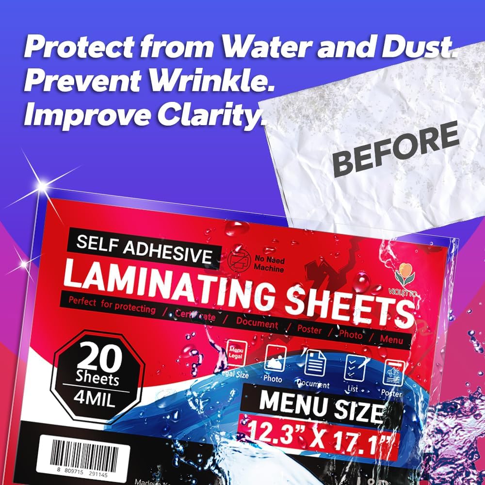 Self Adhesive Laminating Sheets 12.3x17.1 inches, 20 Pack, 4mil Thickness, No Heat or Machine Needed, Waterproof, Self Sealing, Easy Peel and Stick, Heavy Duty Clear Glossy Finish, by VIOLETTO